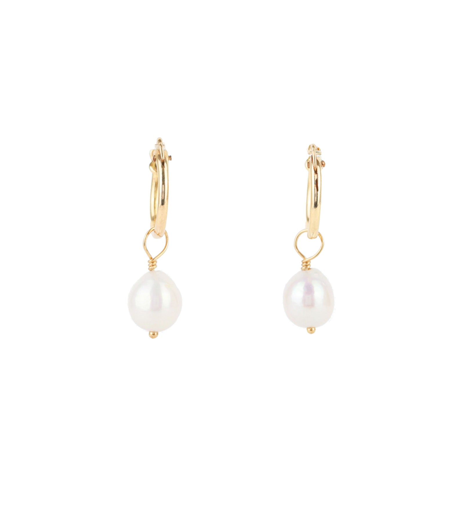 Poppy Rose-Baroque Pearl Drop Huggies-Earrings-14k Gold Filled, White Pearl-Blue Ruby Jewellery-Vancouver Canada