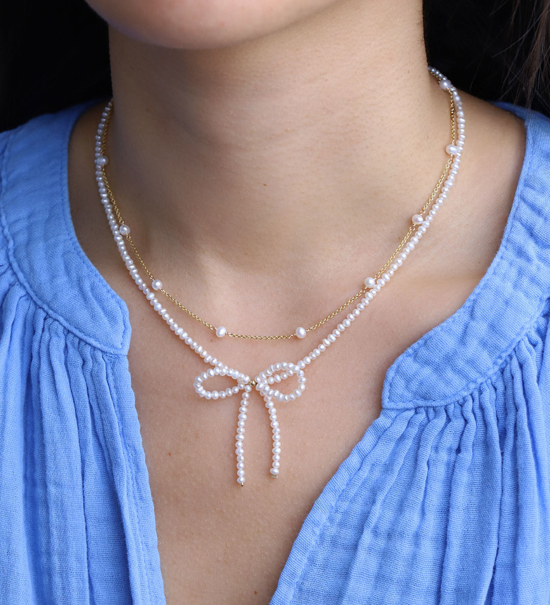 Poppy Rose-Pearl Bow Necklace-Necklaces-14k Gold Filled, White Pearl-Blue Ruby Jewellery-Vancouver Canada