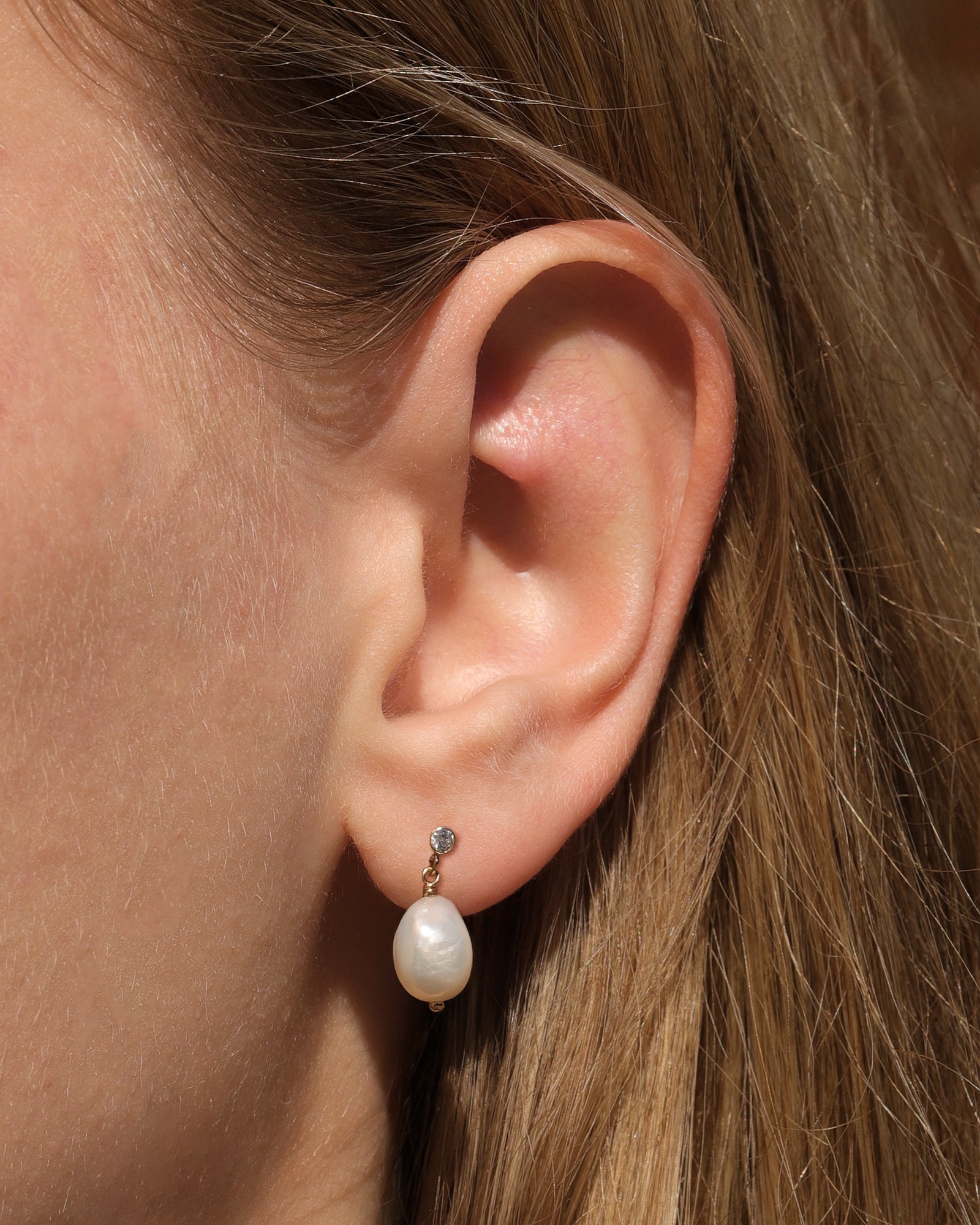 Poppy Rose-Pearl Drop CZ Studs-Earrings-14k Gold Filled, White Pearl-Blue Ruby Jewellery-Vancouver Canada