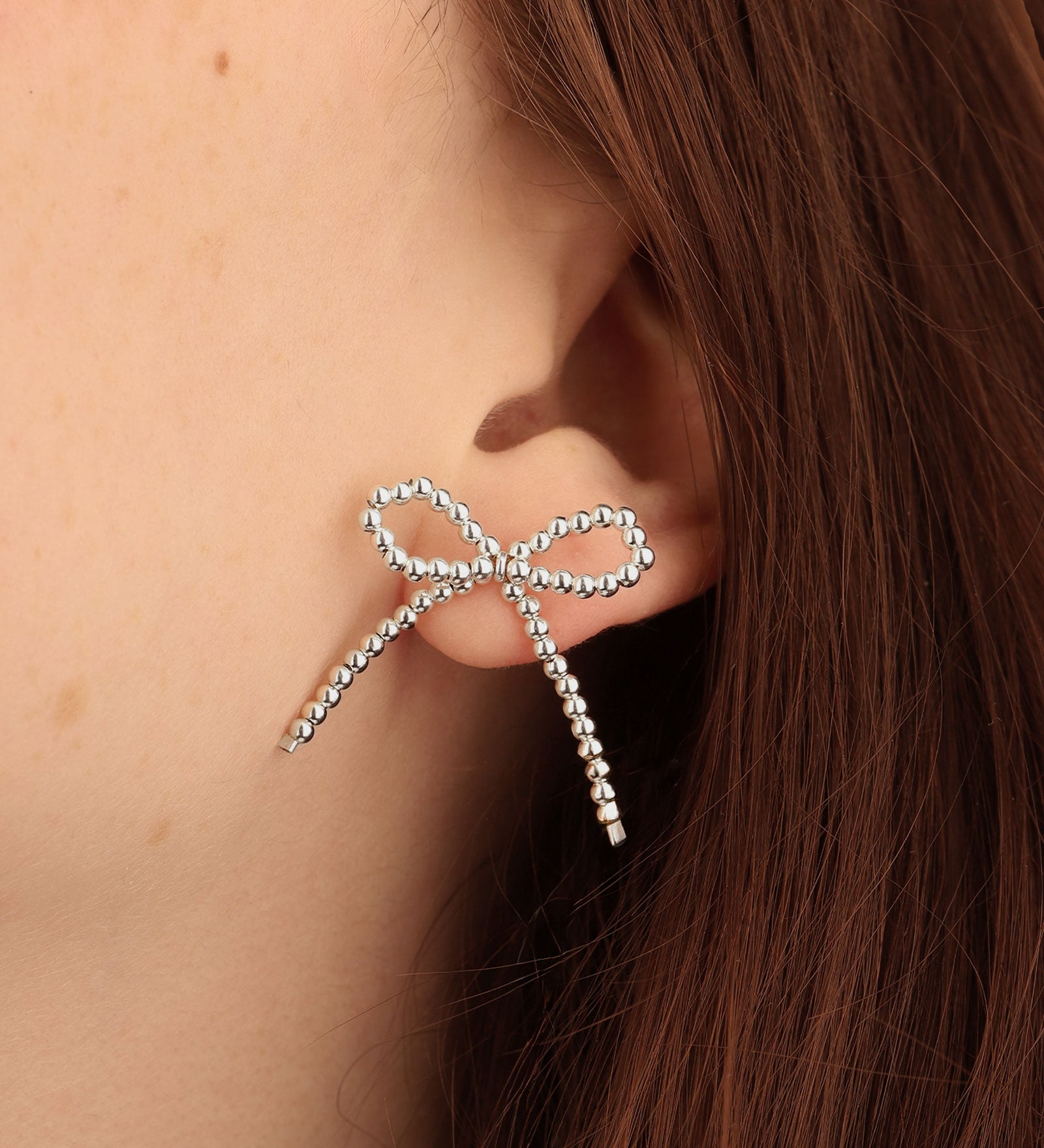 Beaded Short Bow Studs Sterling Silver