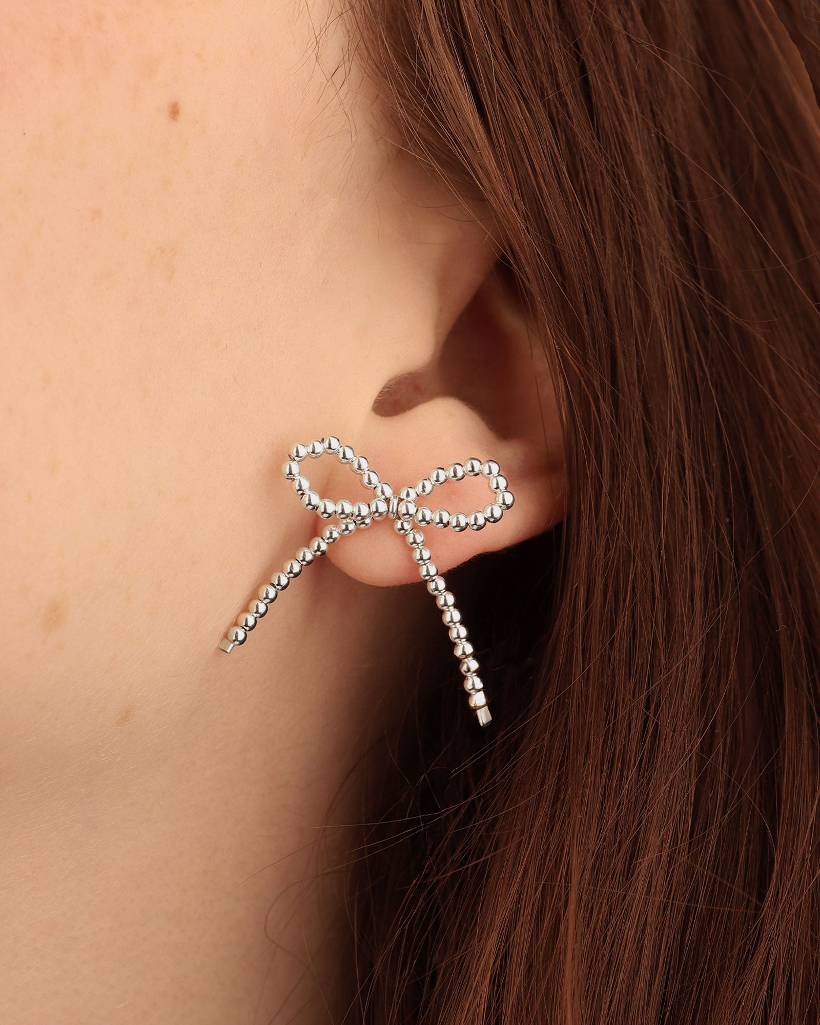 Beaded Short Bow Studs Sterling Silver