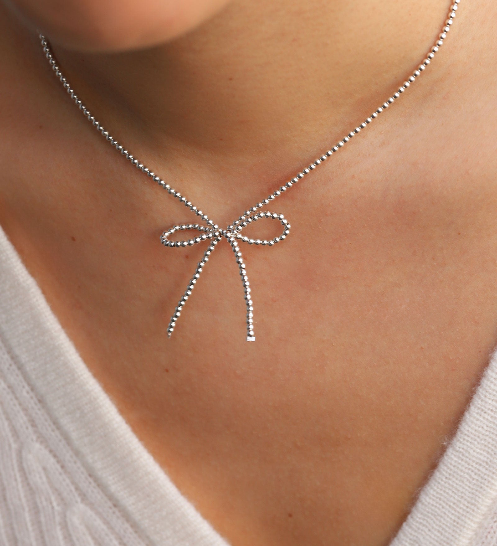 Beaded Bow Necklace Sterling Silver