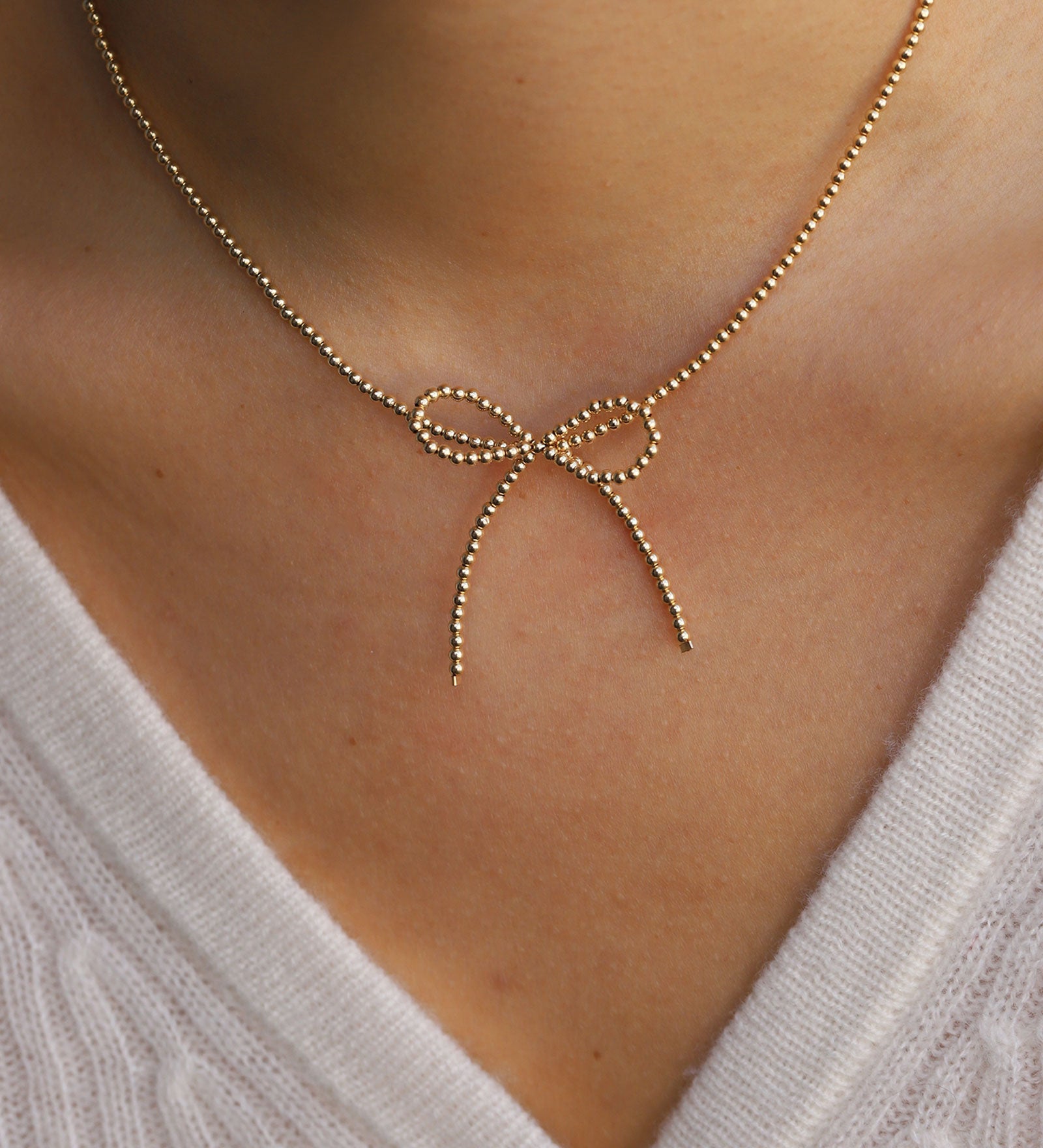 Beaded Bow Necklace 14k Gold Filled