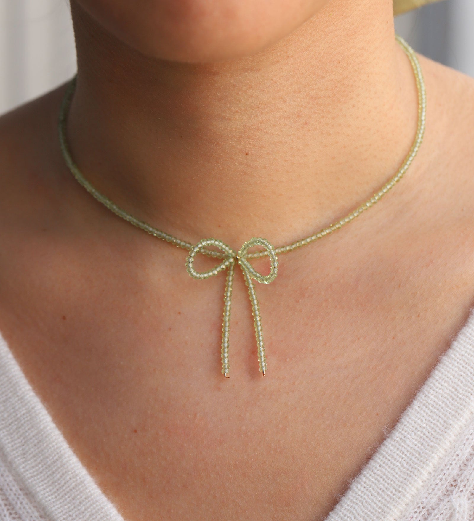 Peridot Bow Necklace 14k Gold Filled, Peridot