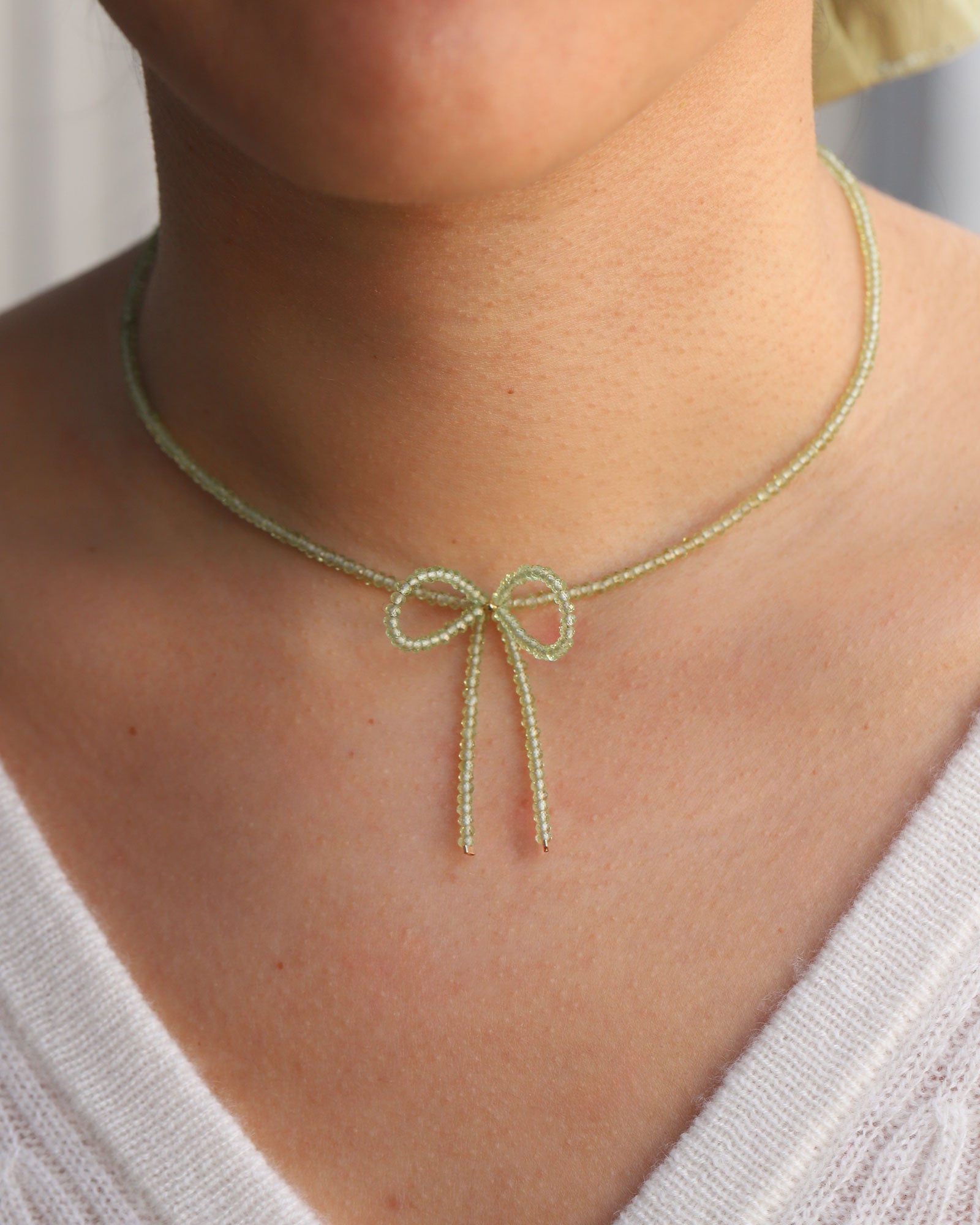 Peridot Bow Necklace 14k Gold Filled, Peridot