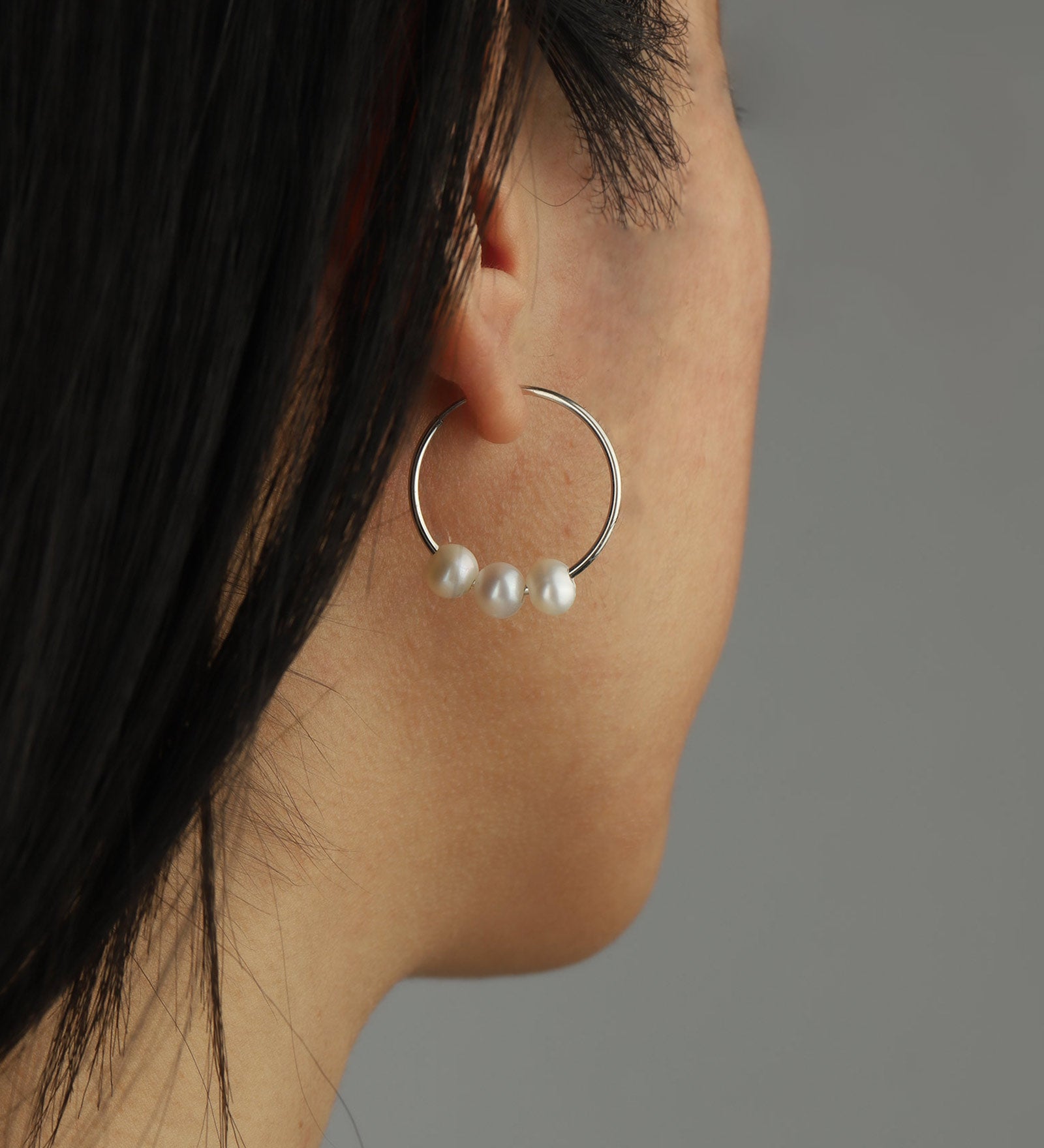 3 Floating Pearl Hoops Sterling Silver, White Pearl