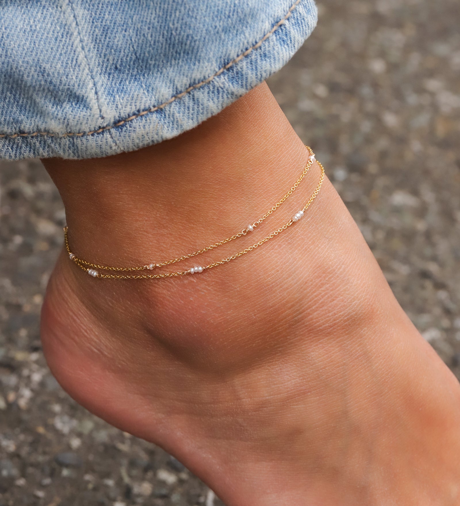 Poppy Rose-2 Row Pearl Station Anklet-Anklets-14k Gold Filled, White Pearl-Blue Ruby Jewellery-Vancouver Canada