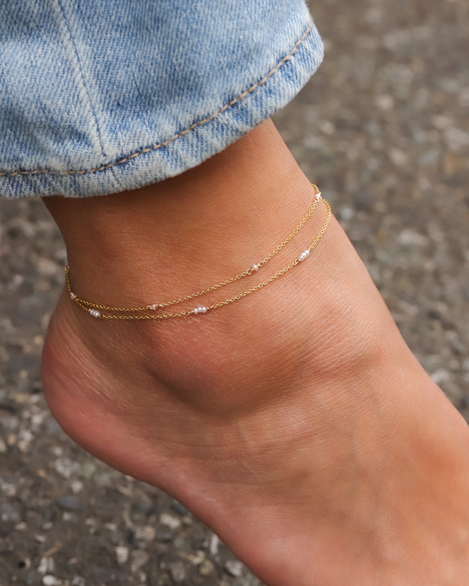 Poppy Rose-2 Row Pearl Station Anklet-Anklets-14k Gold Filled, White Pearl-Blue Ruby Jewellery-Vancouver Canada