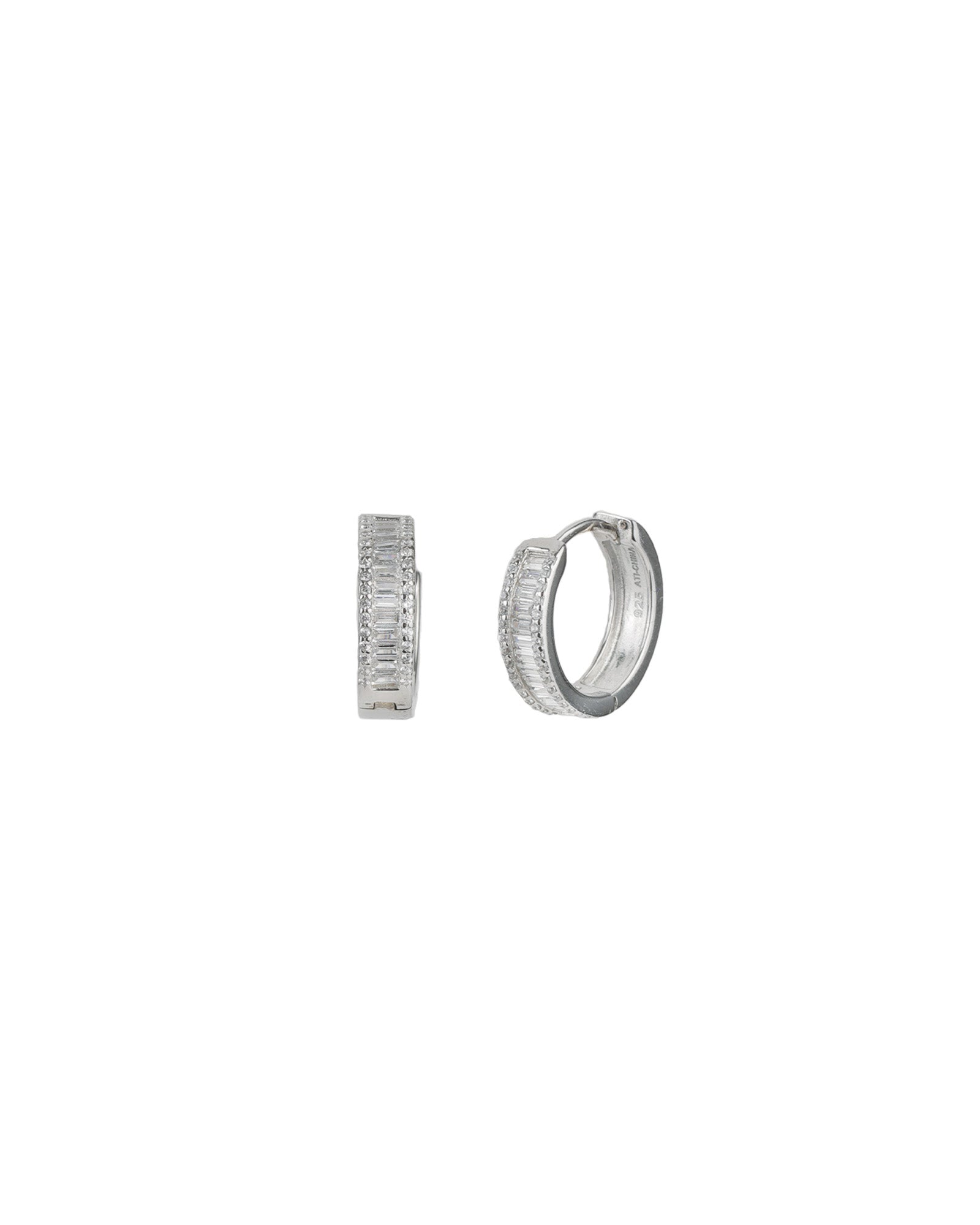 Baguette CZ Huggies | 15mm Rhodium Plated Sterling Silver, Cubic Zirconia