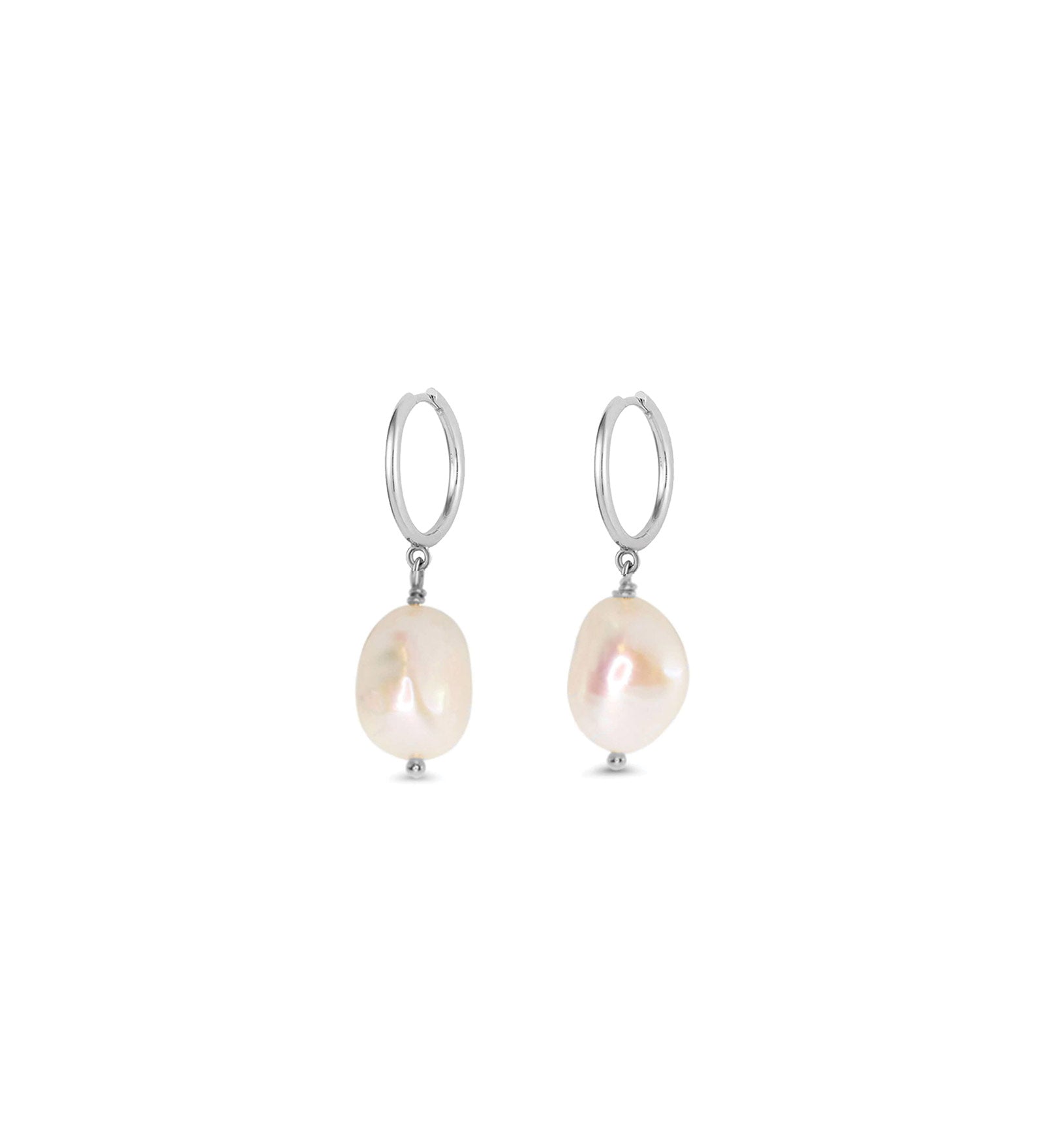 Quiet Icon-Pearl Drop Huggies | 11mm-Earrings-Rhodium Plated Sterling Silver, White Pearl-Blue Ruby Jewellery-Vancouver Canada