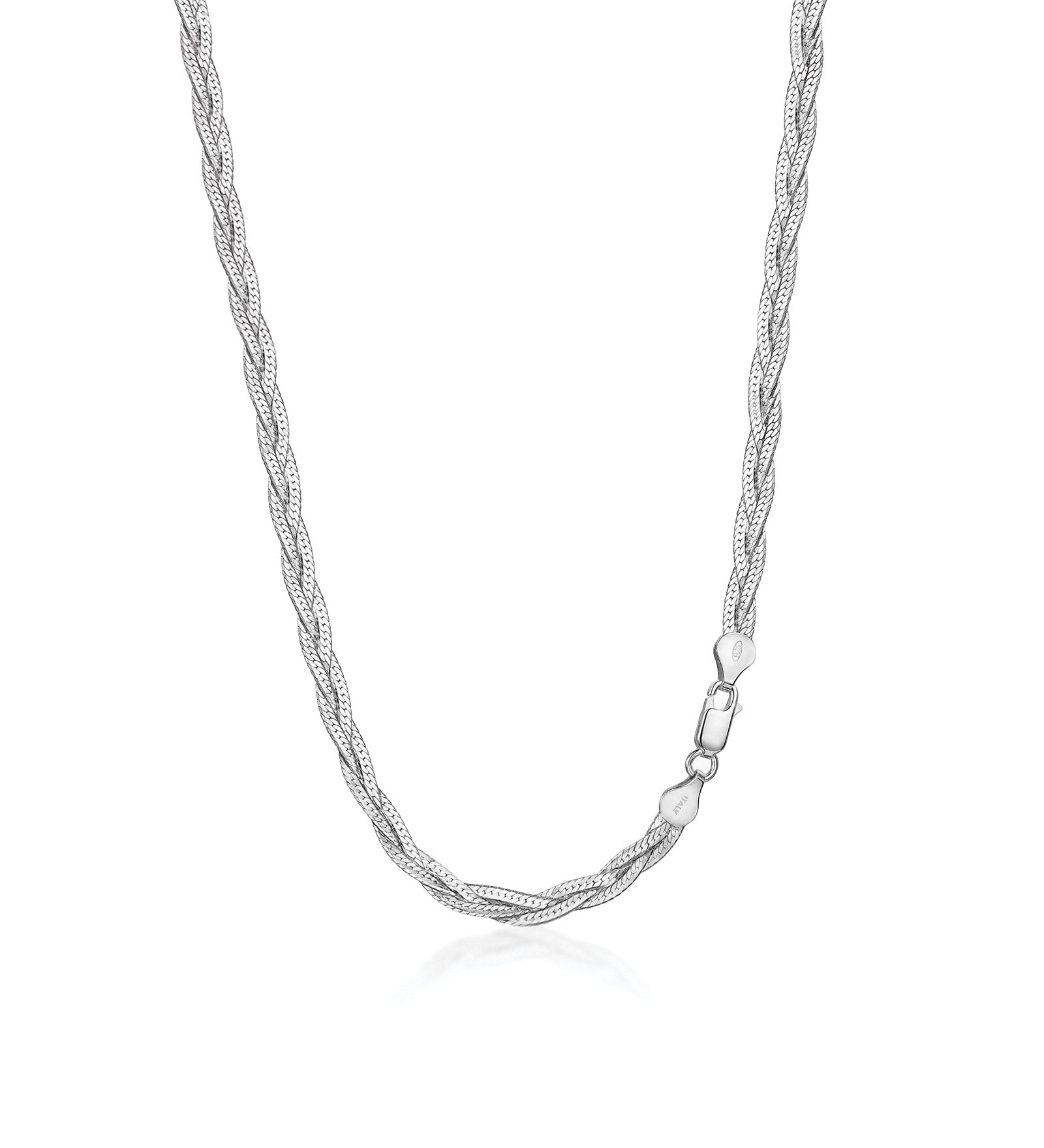 Braided Herringbone Necklace Sterling Silver, White Pearl / 16