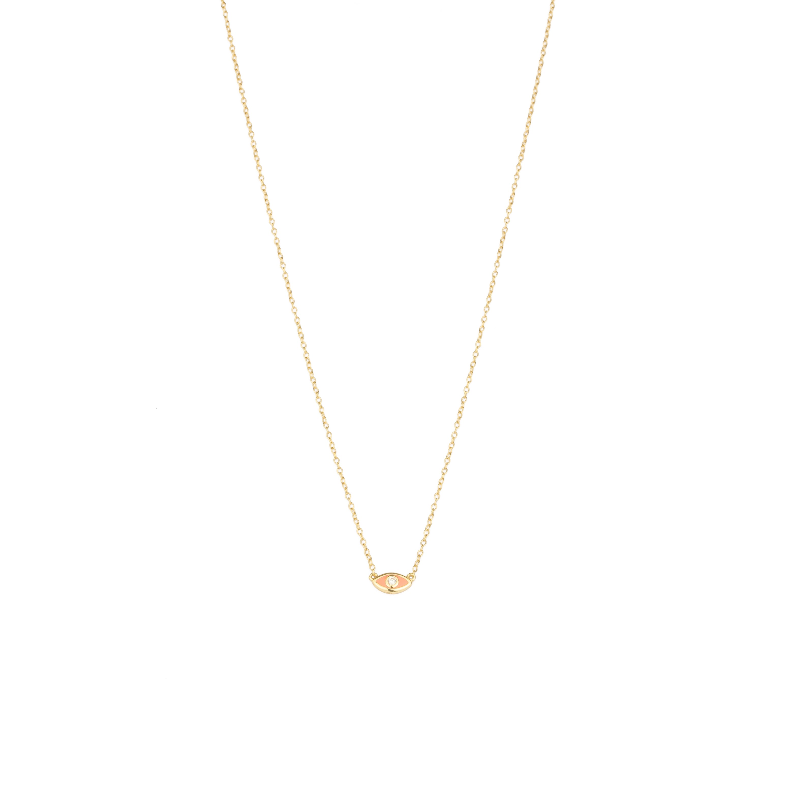 Evil Eye Enamel CZ Necklace 14k Gold Vermeil, Orange Enamel