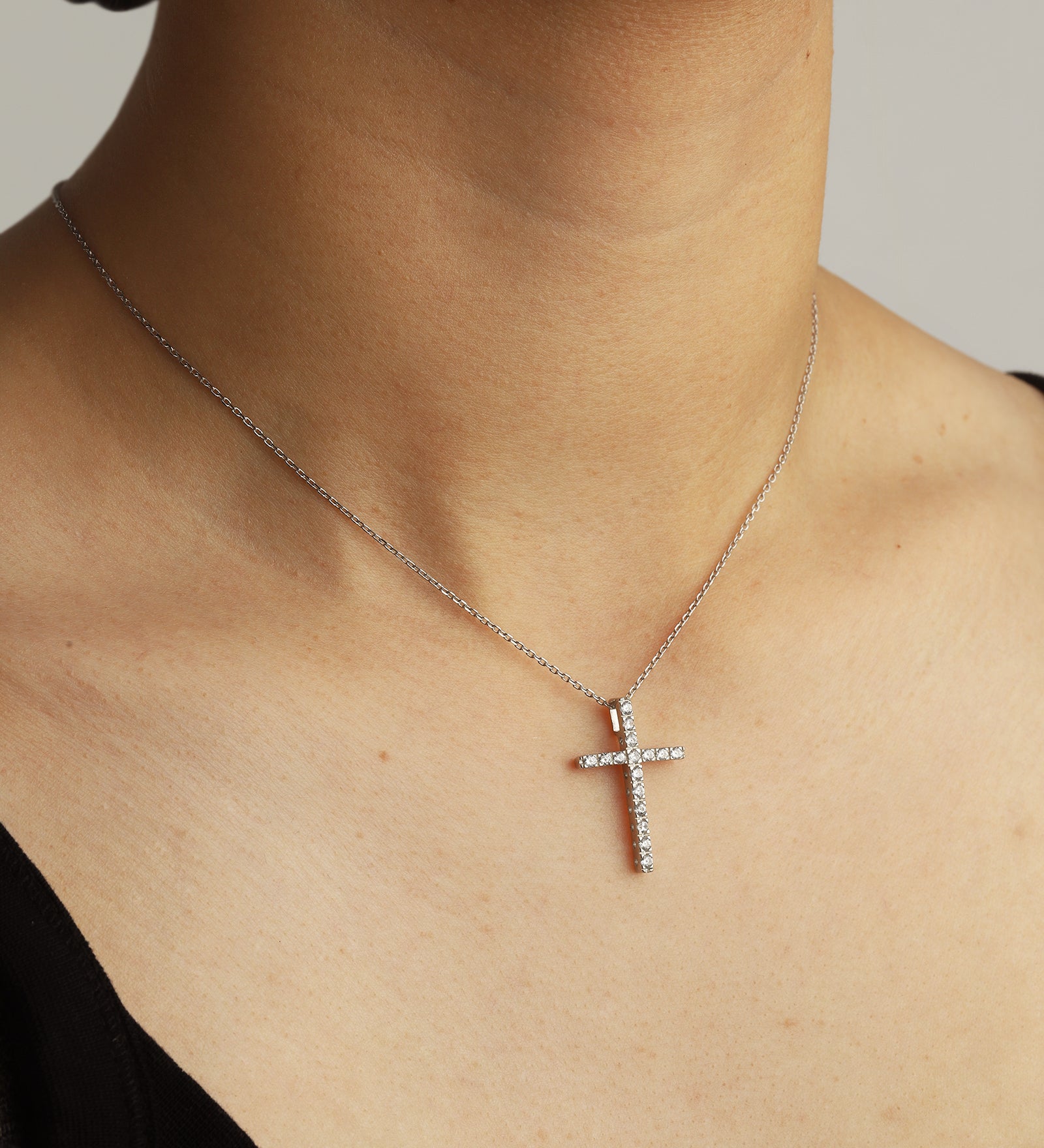 Large CZ Cross Necklace Rhodium Plated Sterling Silver, Cubic Zirconia