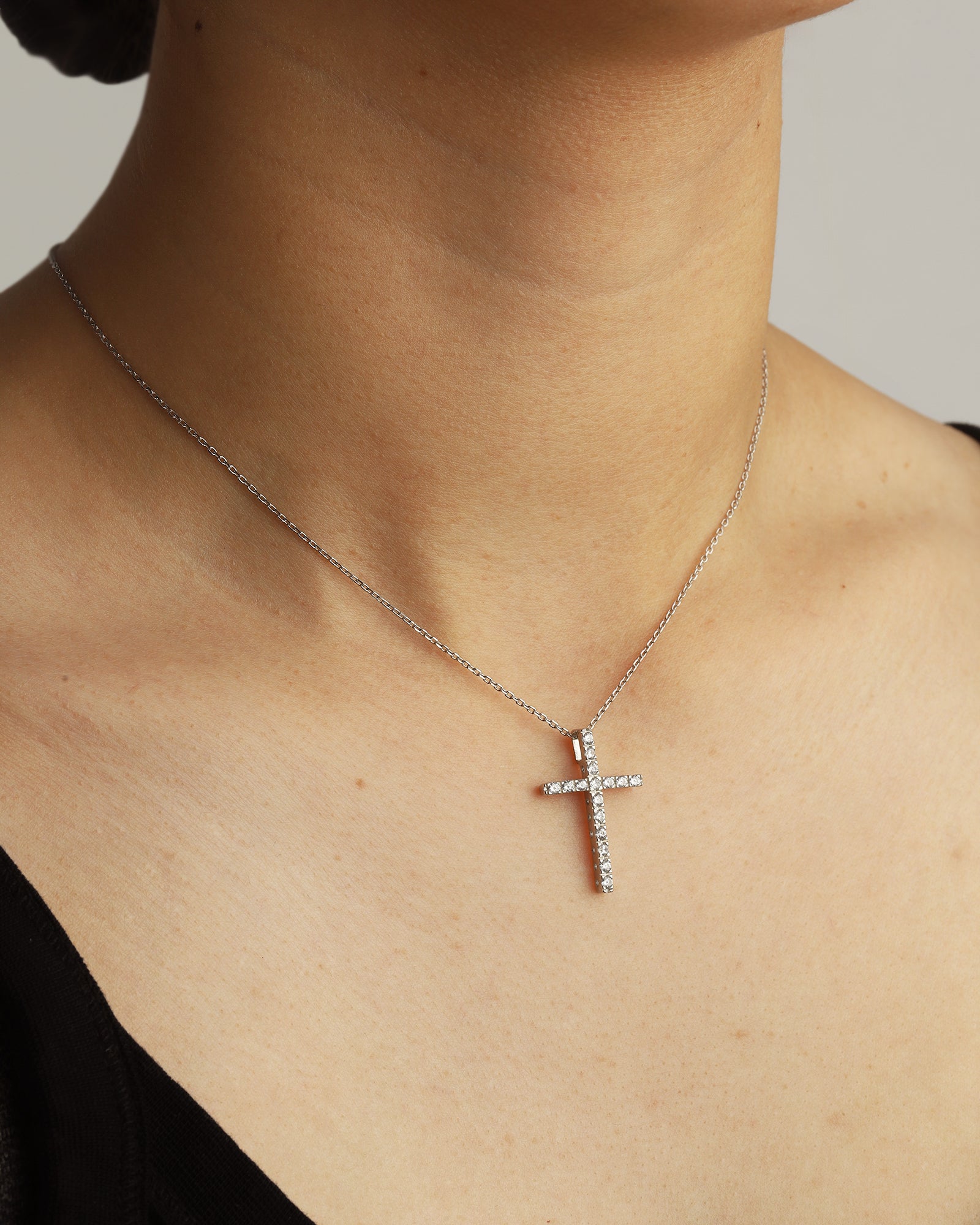 Large CZ Cross Necklace Rhodium Plated Sterling Silver, Cubic Zirconia