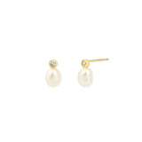 Bezel CZ Pearl Drop Studs 14k Gold Vermeil, White Pearl