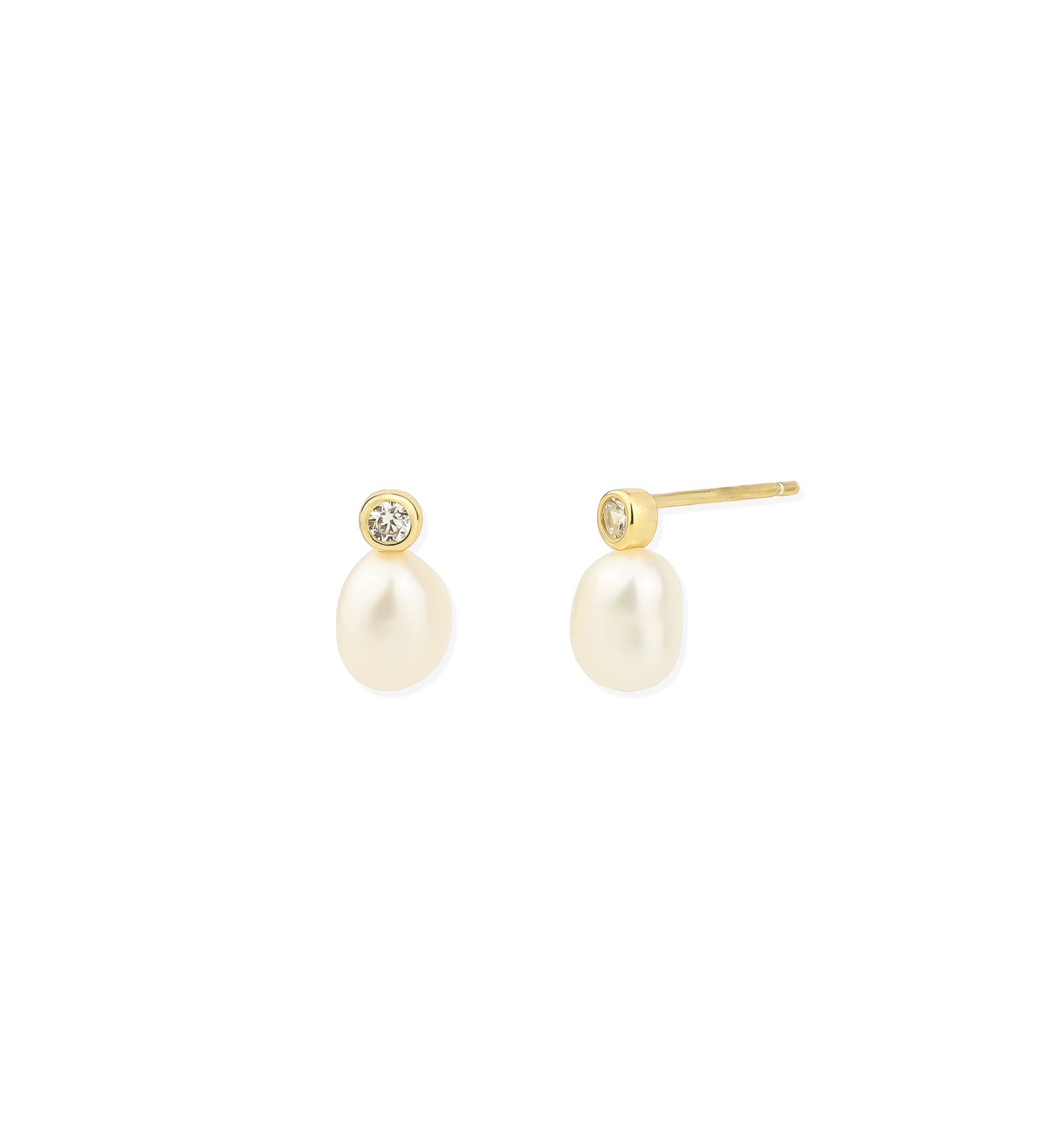 Bezel CZ Pearl Drop Studs 14k Gold Vermeil, White Pearl