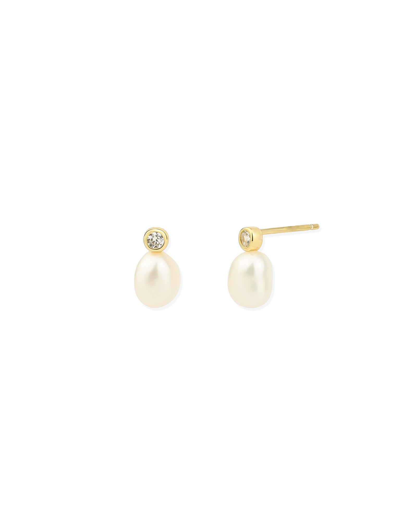 Bezel CZ Pearl Drop Studs 14k Gold Vermeil, White Pearl