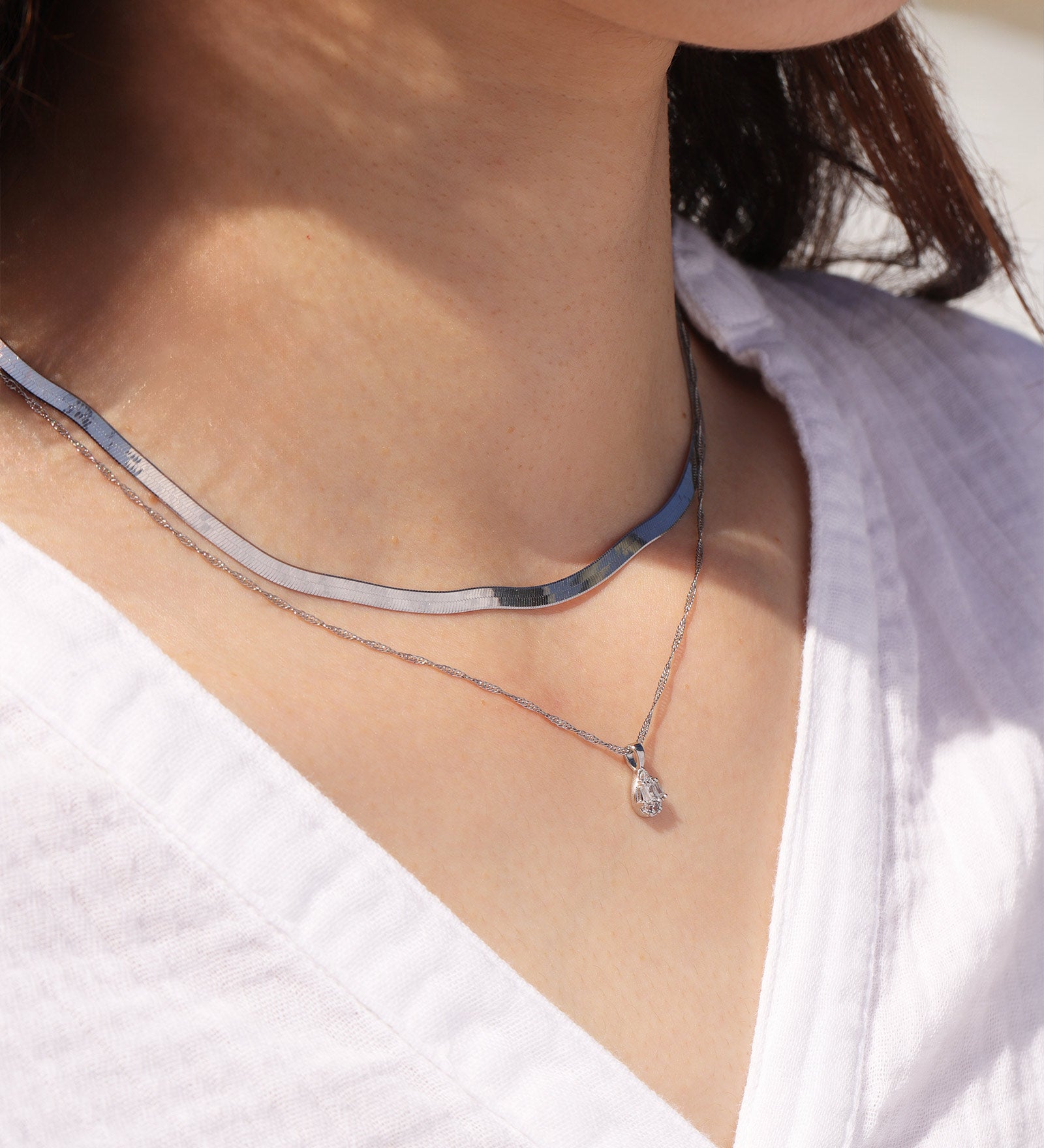 Quiet Icon-Herringbone Necklace | 3mm-Necklaces-Rhodium-plated Sterling Silver-Blue Ruby Jewellery-Vancouver Canada