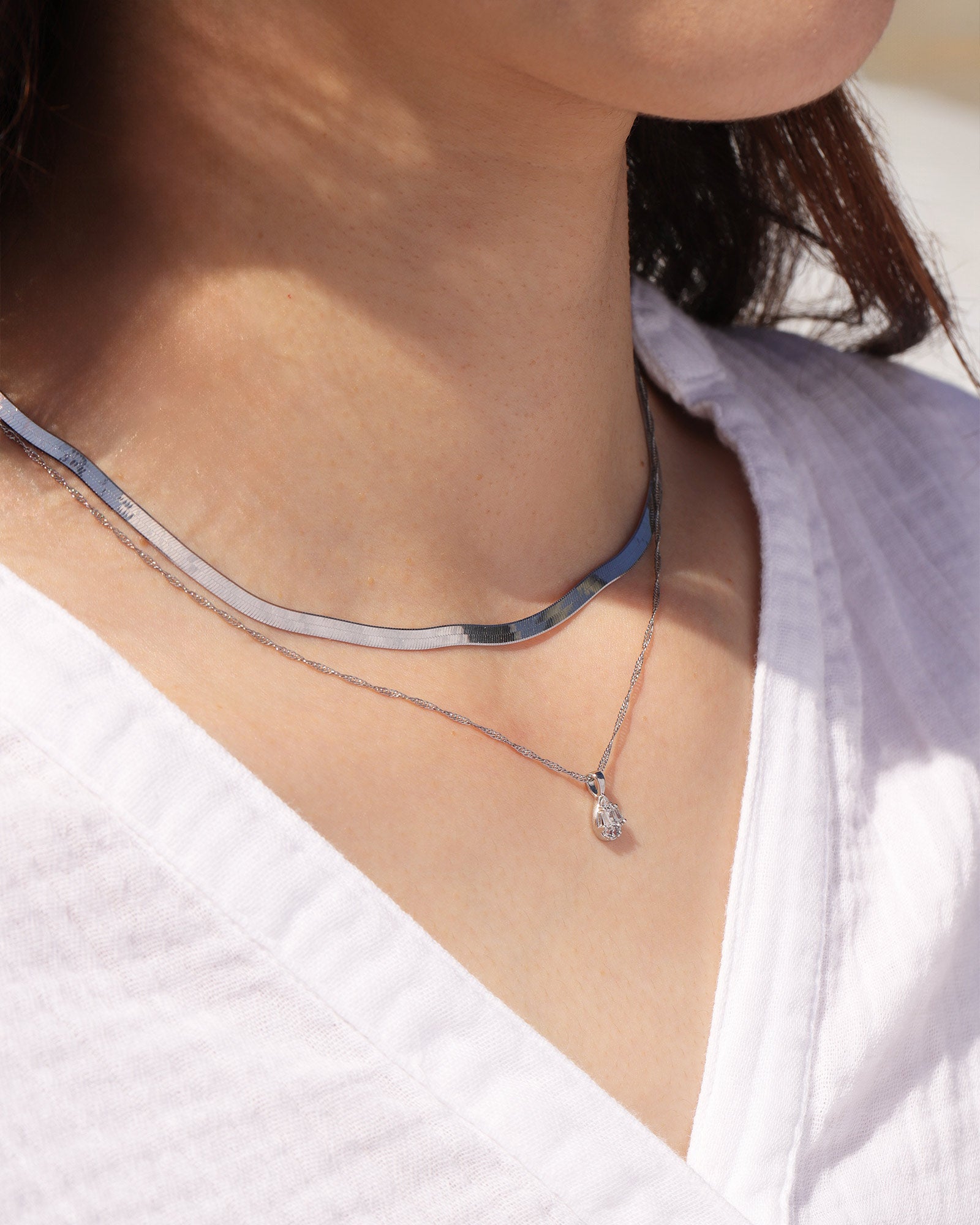 Quiet Icon-Herringbone Necklace | 3mm-Necklaces-Rhodium-plated Sterling Silver-Blue Ruby Jewellery-Vancouver Canada