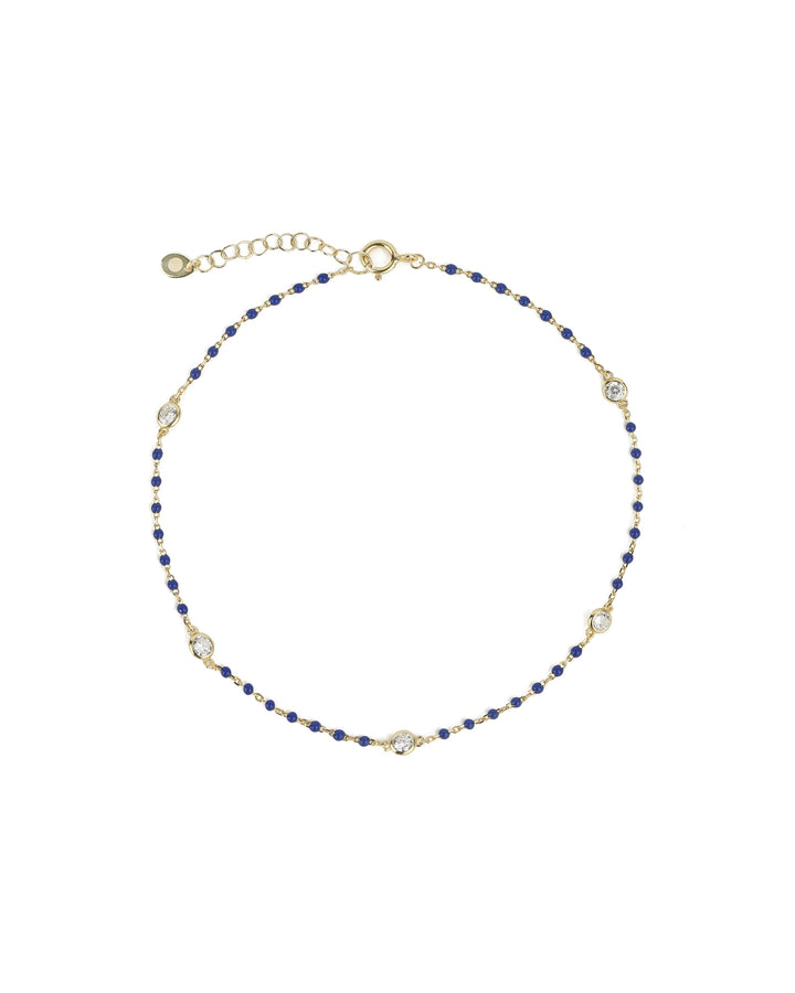 Quiet Icon-Enamel Bead Five CZ Anklet-Anklets-14k Gold Vermeil, Enamel, Cubic Zirconia-Blue Ruby Jewellery-Vancouver Canada