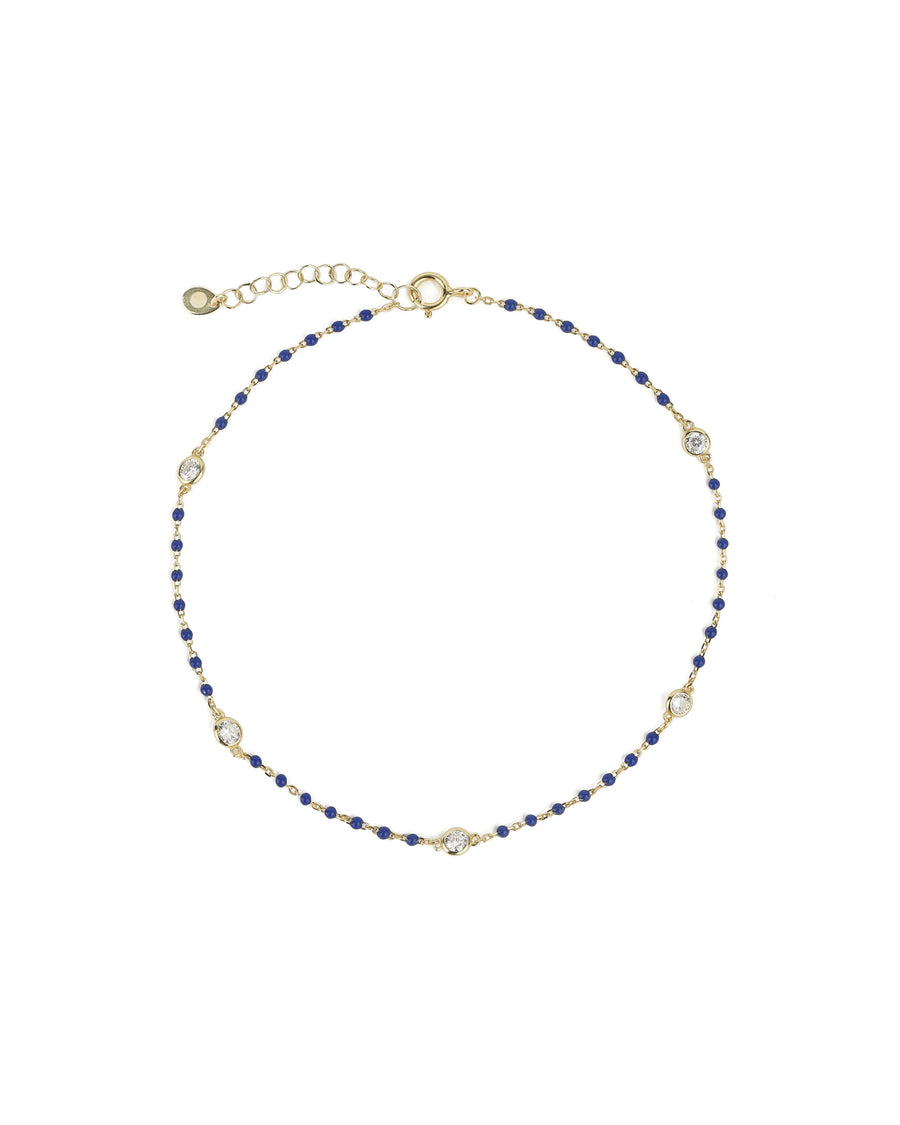 Quiet Icon-Enamel Bead Five CZ Anklet-Anklets-14k Gold Vermeil, Enamel, Cubic Zirconia-Blue Ruby Jewellery-Vancouver Canada