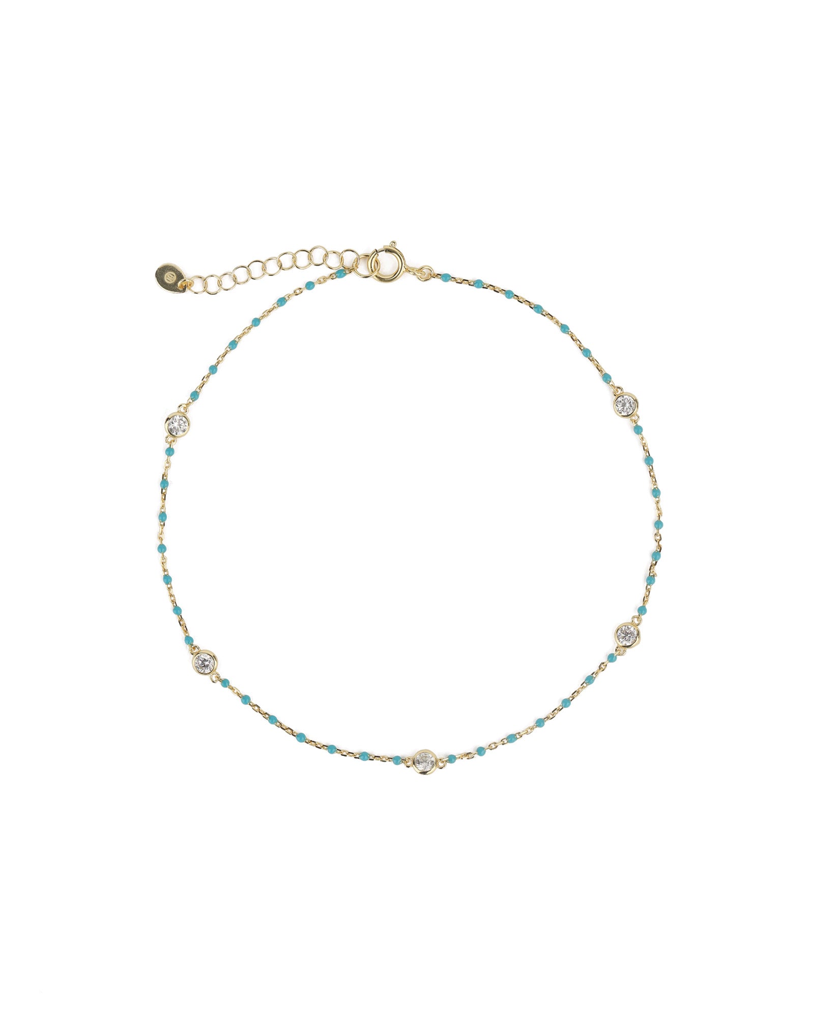 Quiet Icon-Enamel Bead Five CZ Anklet-Anklets-14k Gold Vermeil, Enamel, Cubic Zirconia-Blue Ruby Jewellery-Vancouver Canada