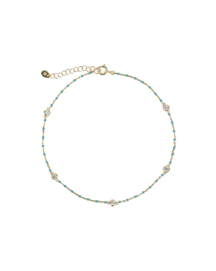 Quiet Icon-Enamel Bead Five CZ Anklet-Anklets-14k Gold Vermeil, Enamel, Cubic Zirconia-Blue Ruby Jewellery-Vancouver Canada