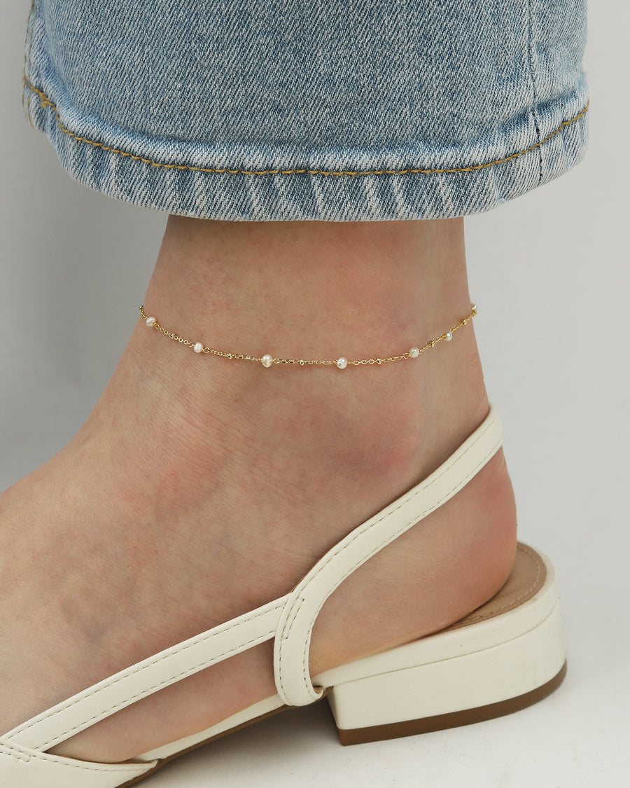 Quiet Icon-Pearl Satellite Chain Anklet-Anklets-14k Gold Vermeil, White Pearl-Blue Ruby Jewellery-Vancouver Canada