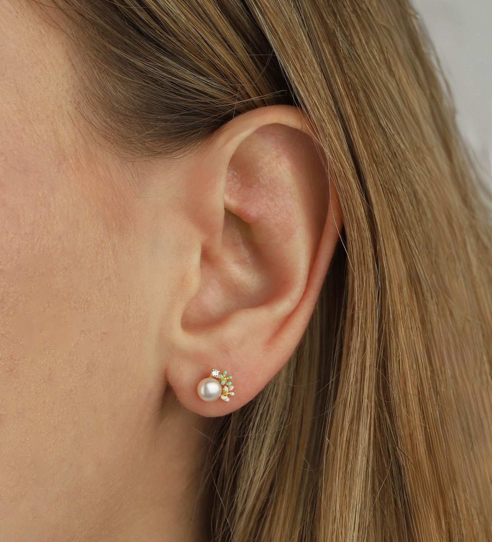 Enamel 2 Flower CZ + Pearl Studs 14k Gold Vermeil, White Pearl