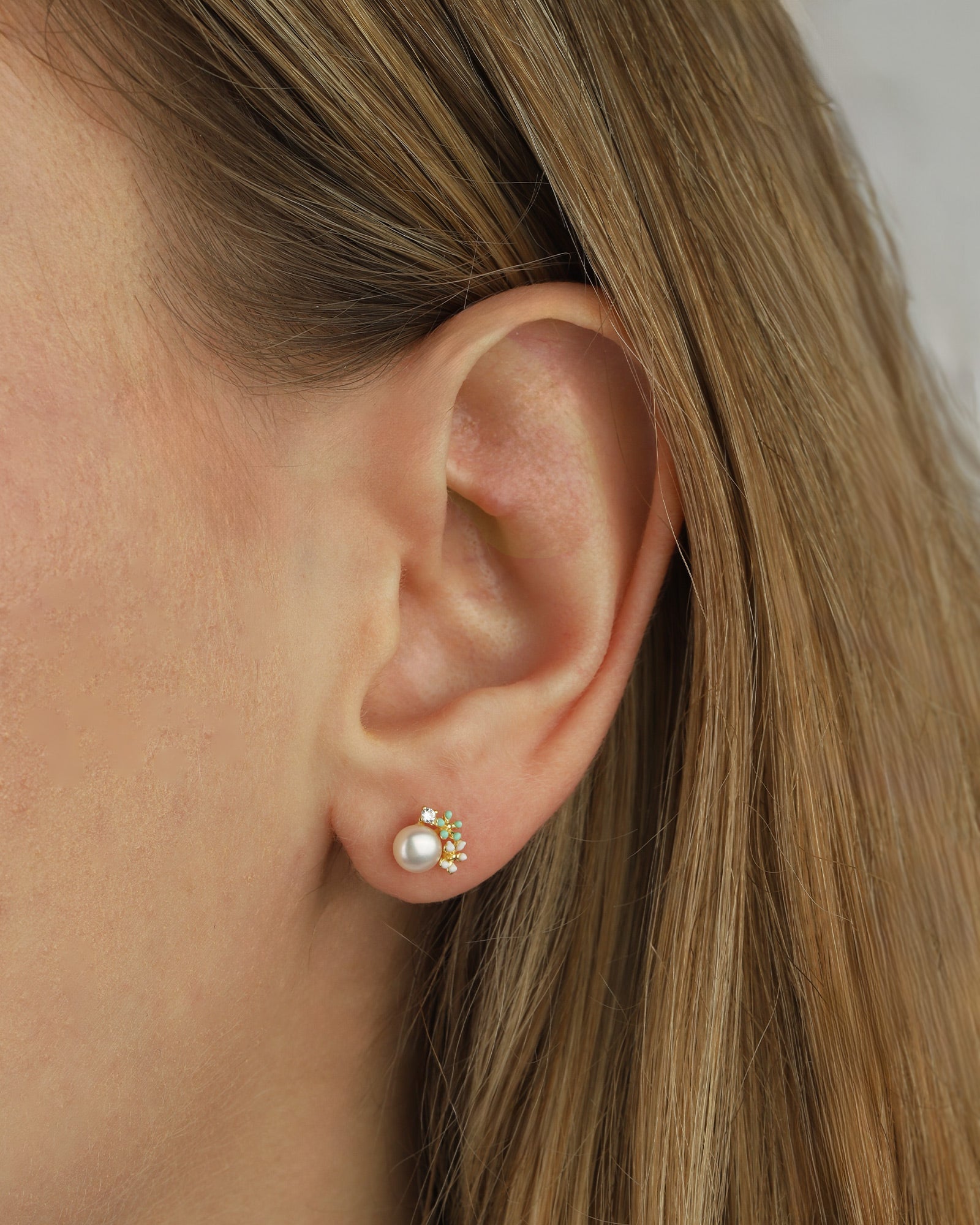 Enamel 2 Flower CZ + Pearl Studs 14k Gold Vermeil, White Pearl