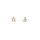 Enamel 2 Flower CZ + Pearl Studs 14k Gold Vermeil, White Pearl