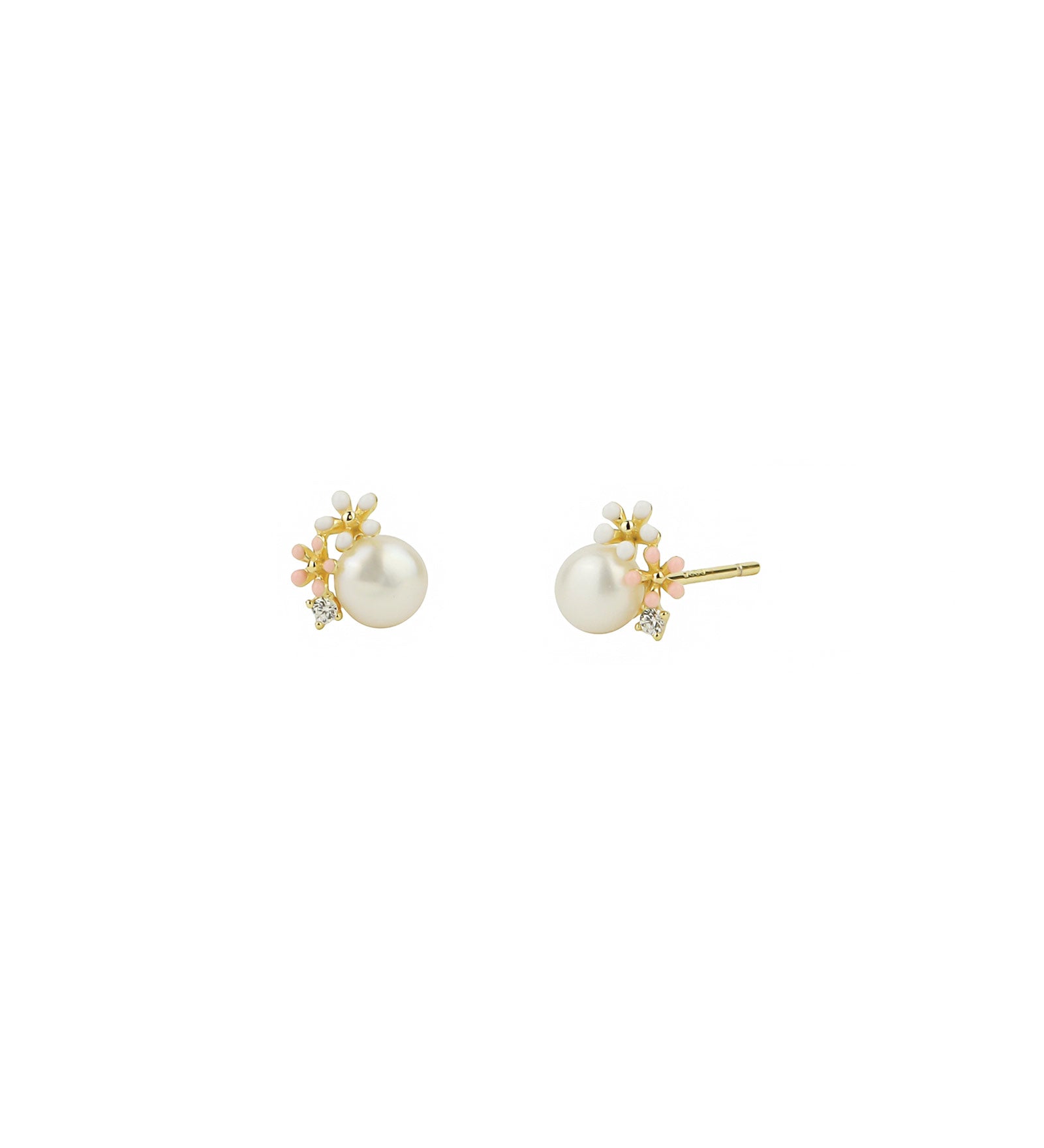 Enamel 2 Flower CZ + Pearl Studs 14k Gold Vermeil, White Pearl