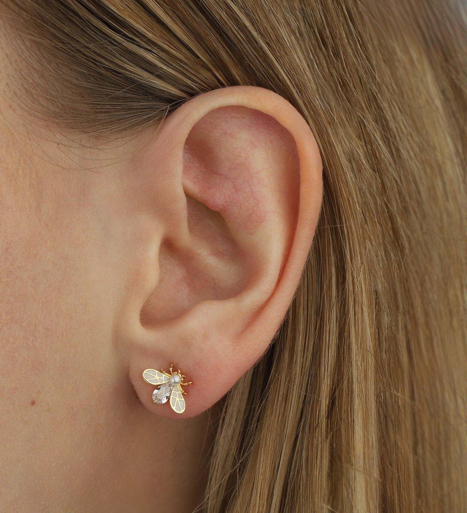 Firefly Enamel Pearl CZ Studs 14k Gold Vermeil, White Pearl