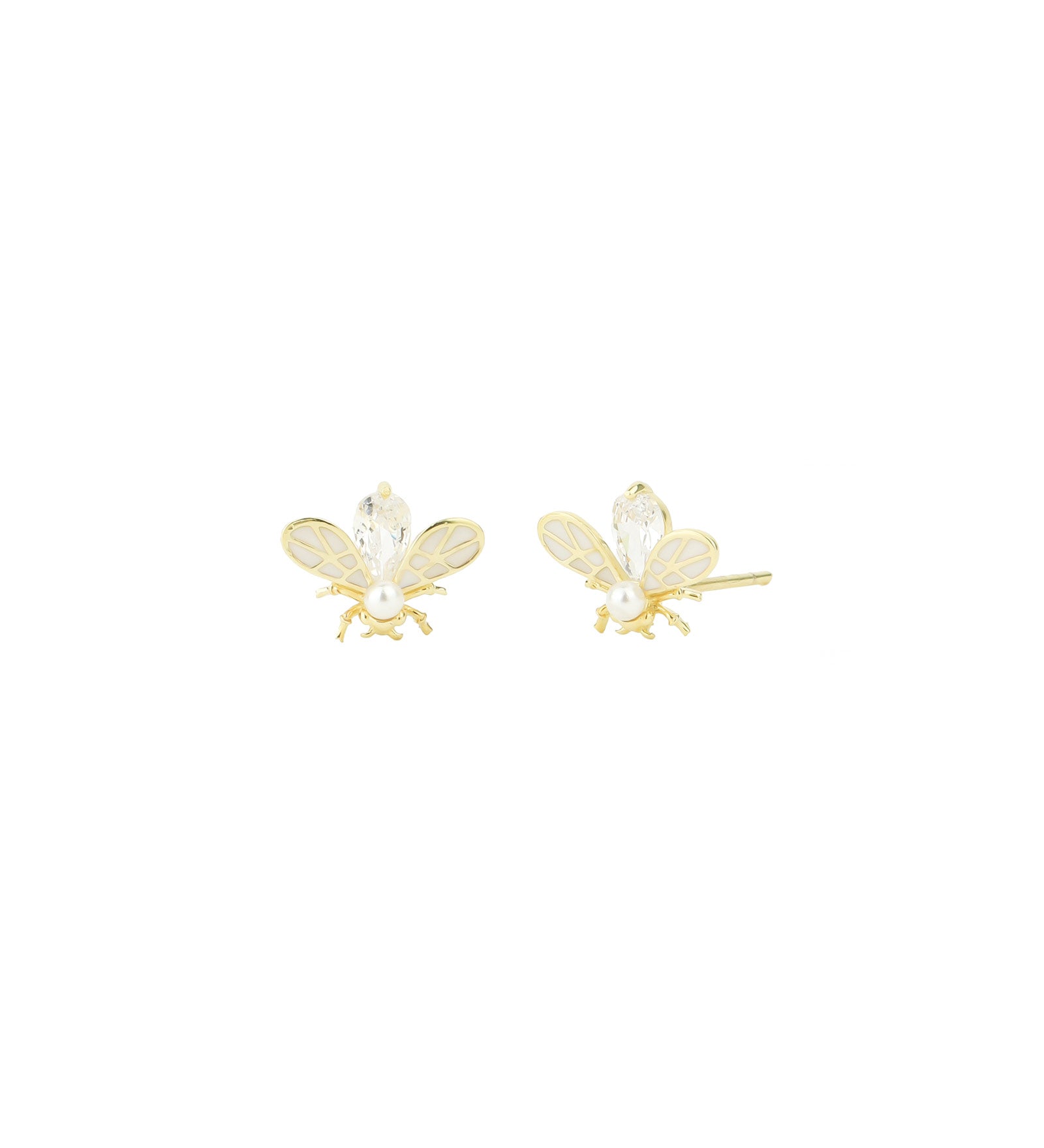 Firefly Enamel Pearl CZ Studs 14k Gold Vermeil, White Pearl