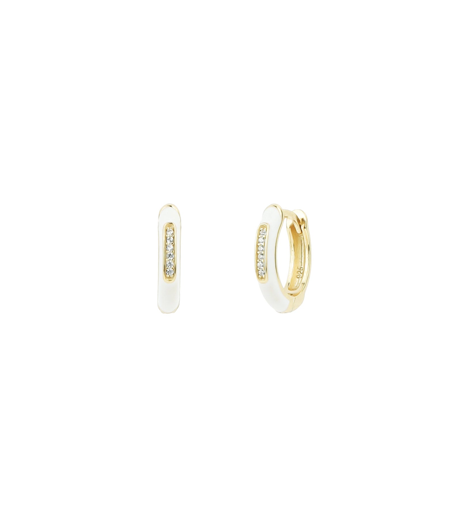 Quiet Icon-Enamel CZ Huggies | 12mm-Earrings-14k Gold Vermeil, White Enamel, Cubic Zirconia-Blue Ruby Jewellery-Vancouver Canada