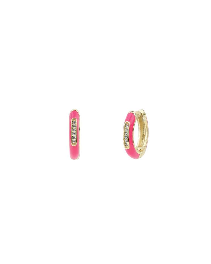 Quiet Icon-Enamel CZ Huggies | 12mm-Earrings-14k Gold Vermeil, Hot Pink Enamel, Cubic Zirconia-Blue Ruby Jewellery-Vancouver Canada