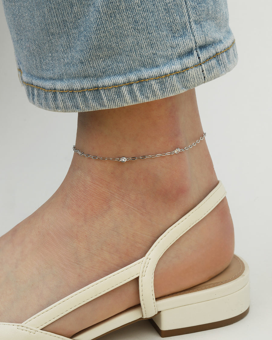 3 CZ Paperclip Chain Anklet Rhodium Plated Silver, Cubic Zirconia