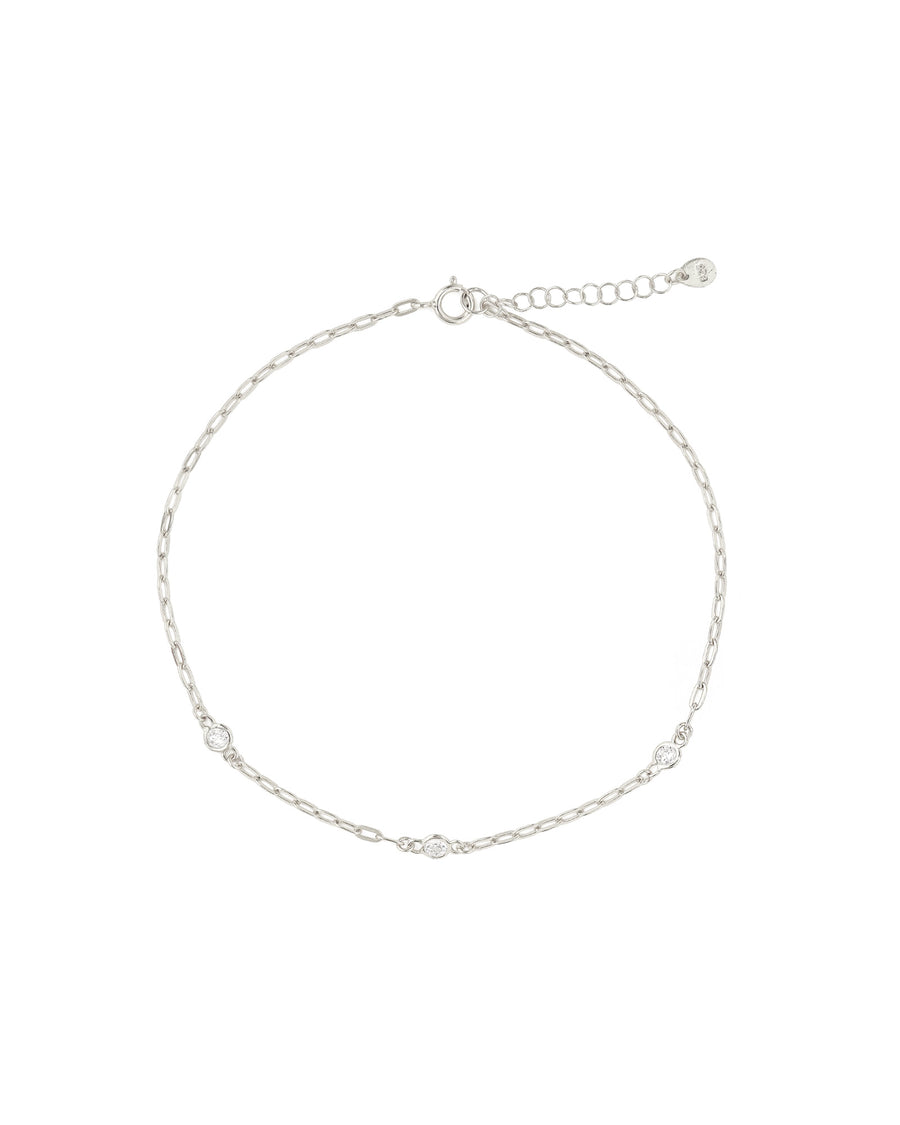 3 CZ Paperclip Chain Anklet Rhodium Plated Silver, Cubic Zirconia