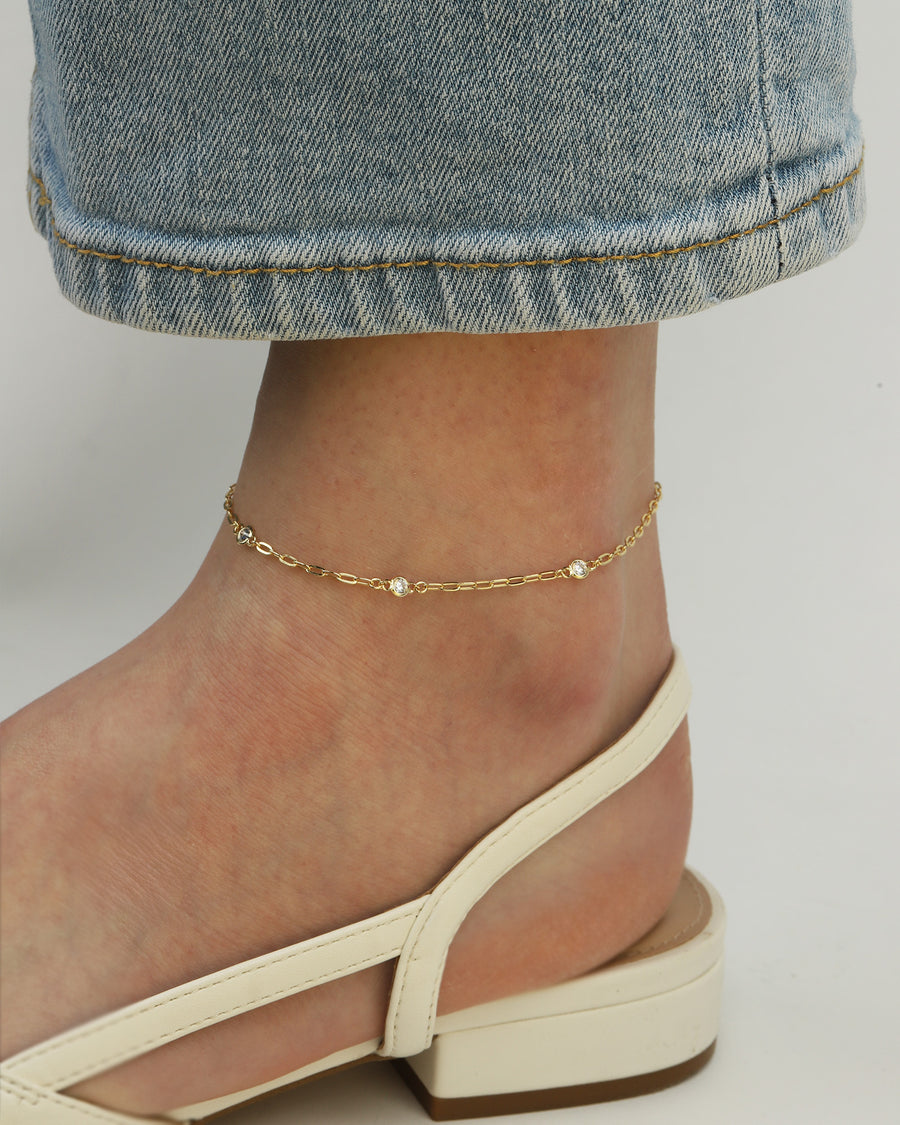 3 CZ Paperclip Chain Anklet 14k Gold Vermeil, Cubic Zirconia