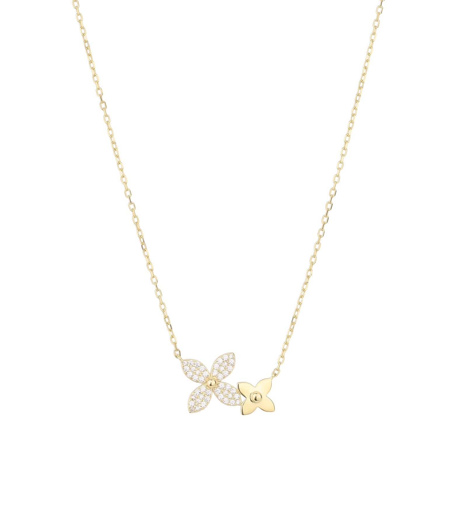 Two Flower CZ Necklace 14k Gold Vermeil, Cubic Zirconia