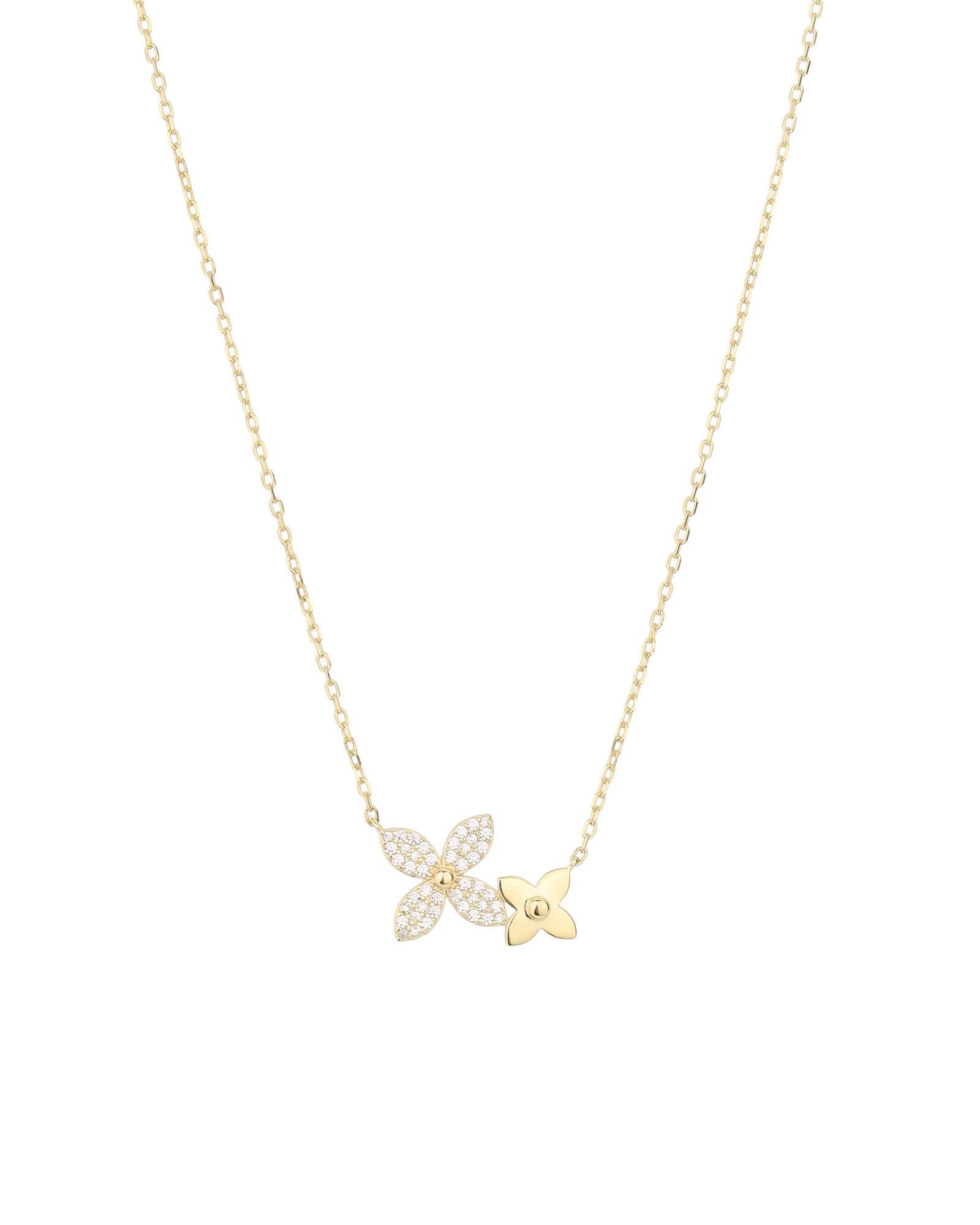 Two Flower CZ Necklace 14k Gold Vermeil, Cubic Zirconia