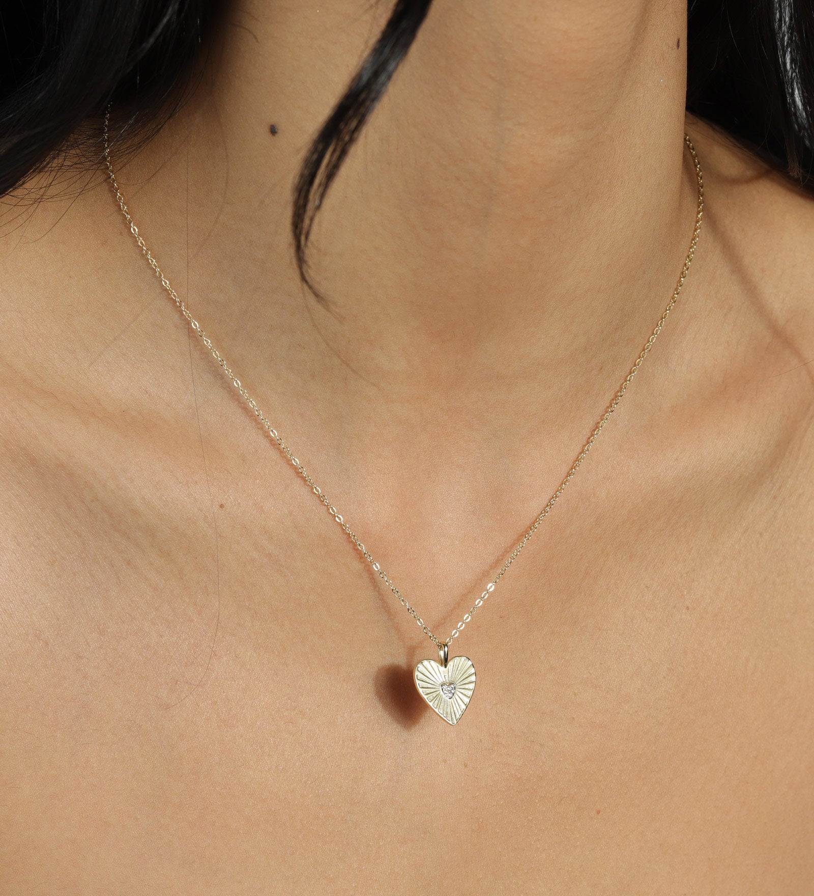 Quiet Icon-Sunray Heart Single CZ Necklace-Necklaces-14k Gold Vermeil, Cubic Zirconia-Blue Ruby Jewellery-Vancouver Canada