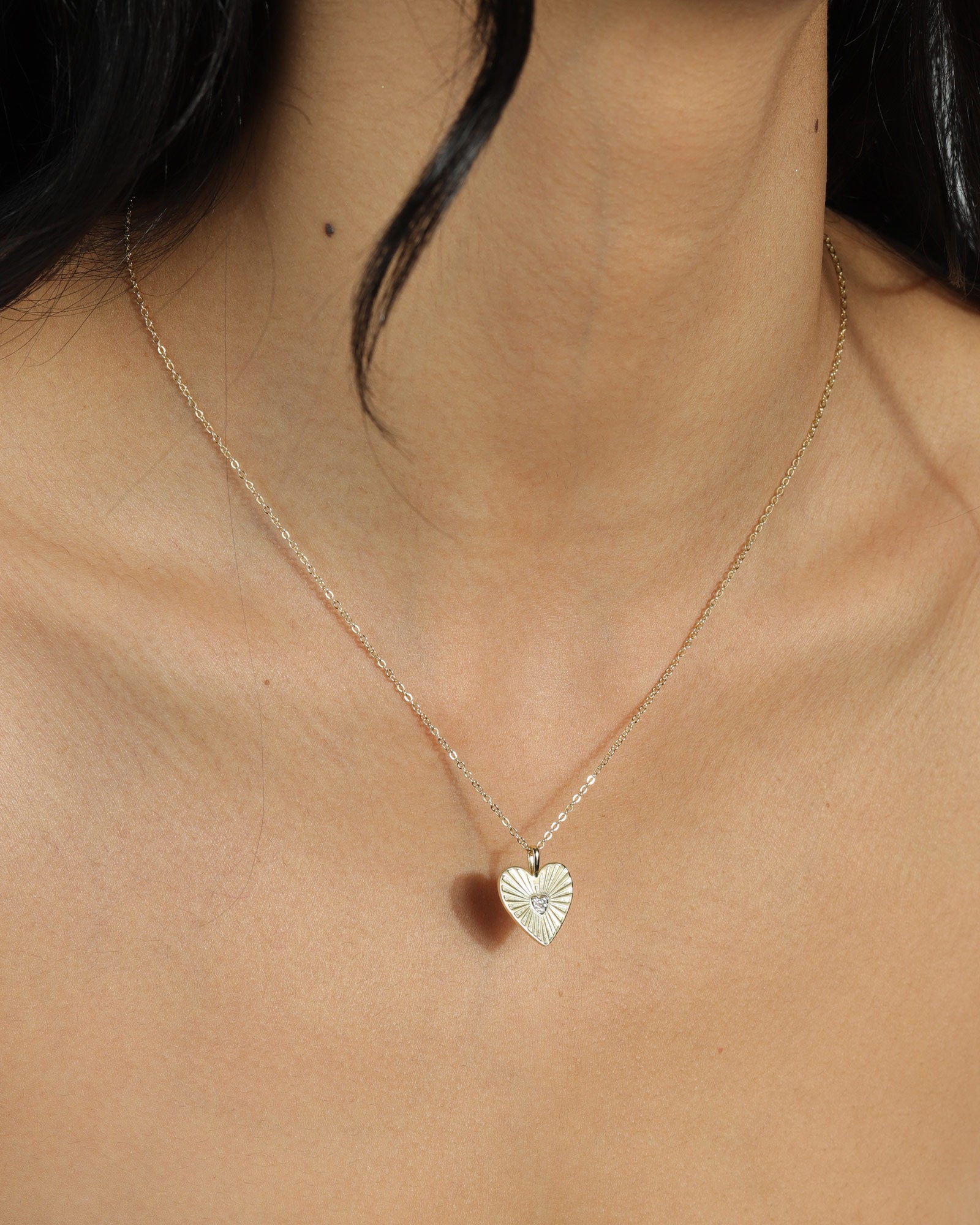 Quiet Icon-Sunray Heart Single CZ Necklace-Necklaces-14k Gold Vermeil, Cubic Zirconia-Blue Ruby Jewellery-Vancouver Canada