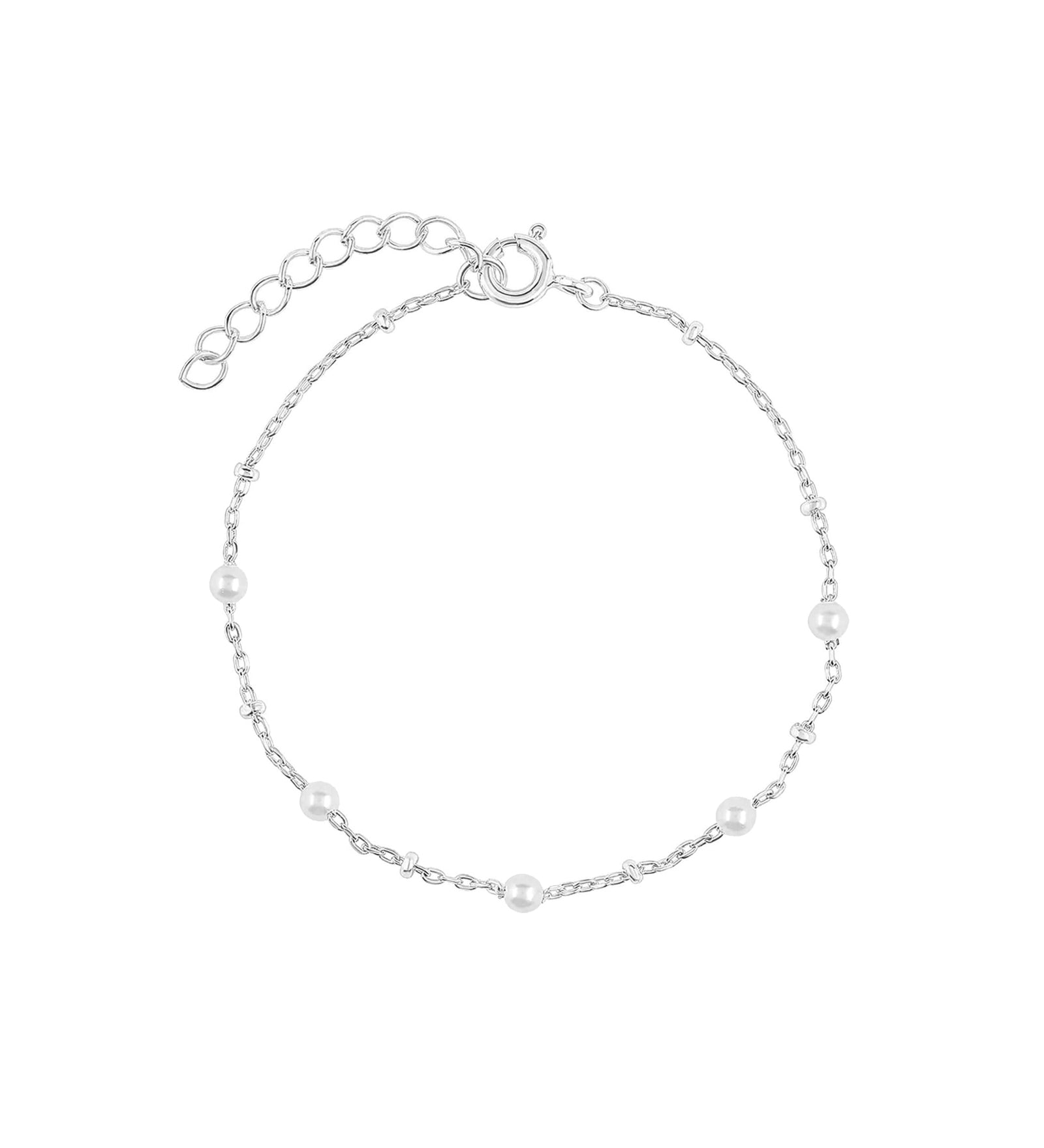 Pearl Ball Chain Bracelet Rhodium Plated Sterling Silver, White Pearl