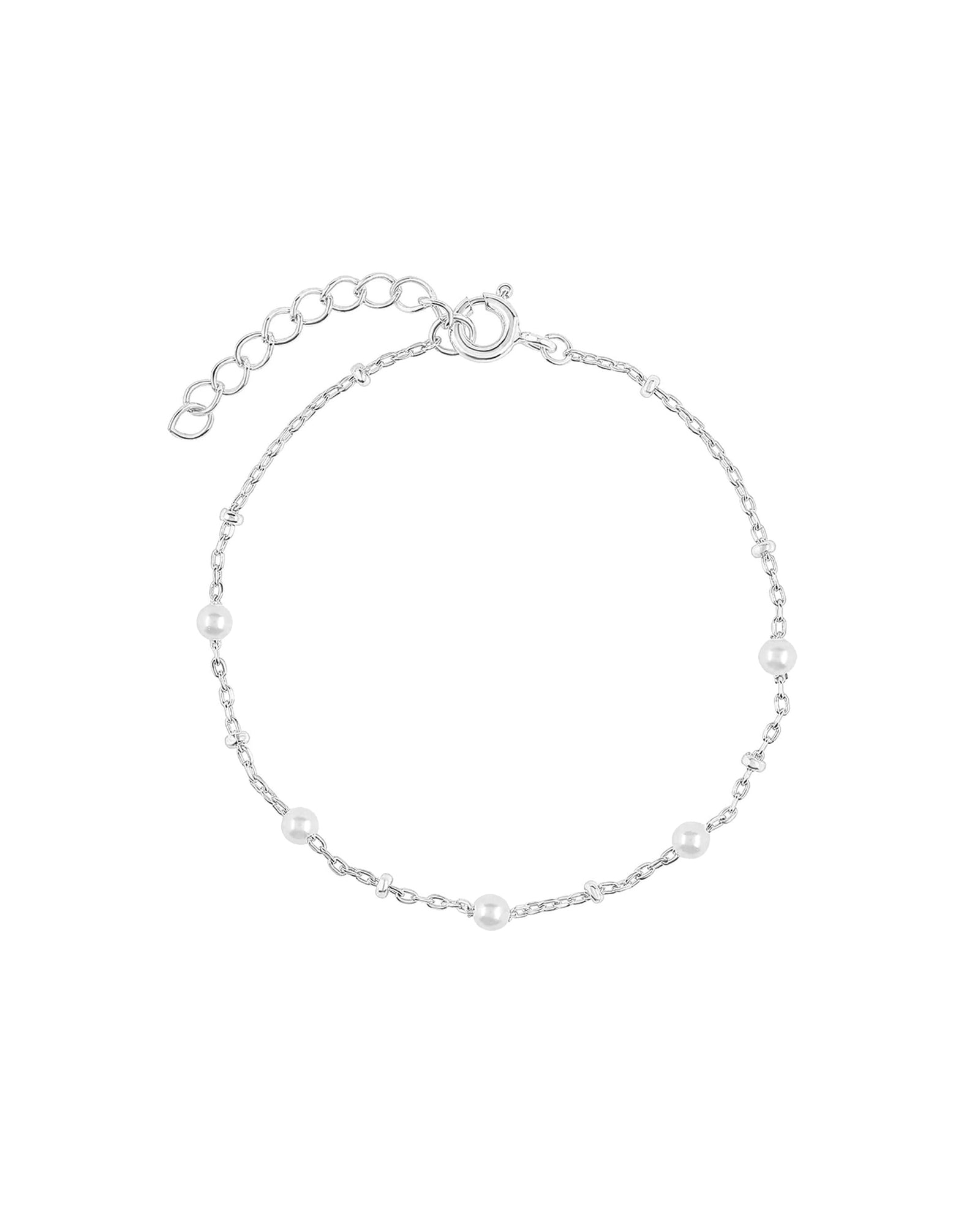 Pearl Ball Chain Bracelet Rhodium Plated Sterling Silver, White Pearl