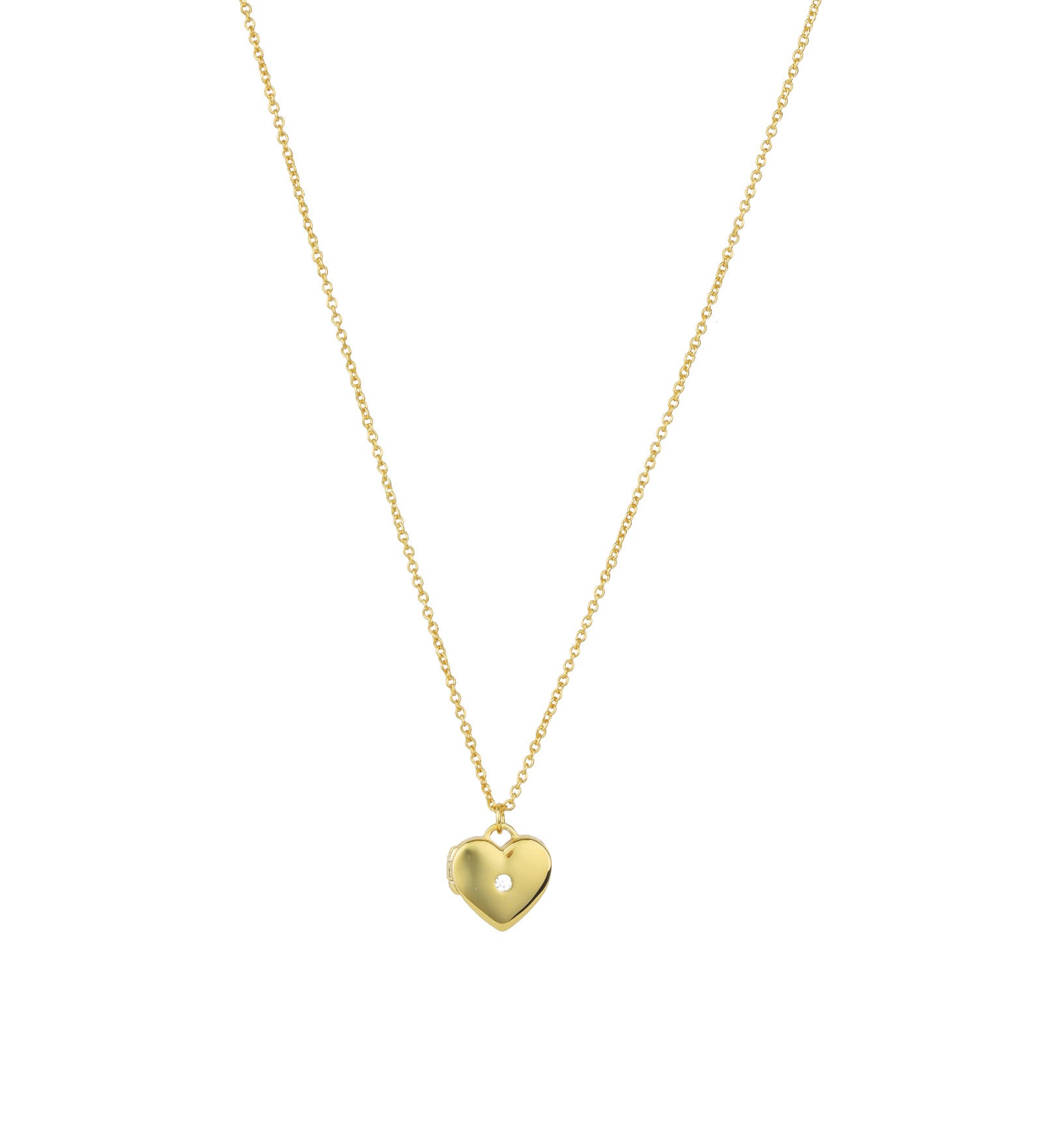 Flat Heart Single CZ Locket 14k Gold Vermeil, Cubic Zirconia