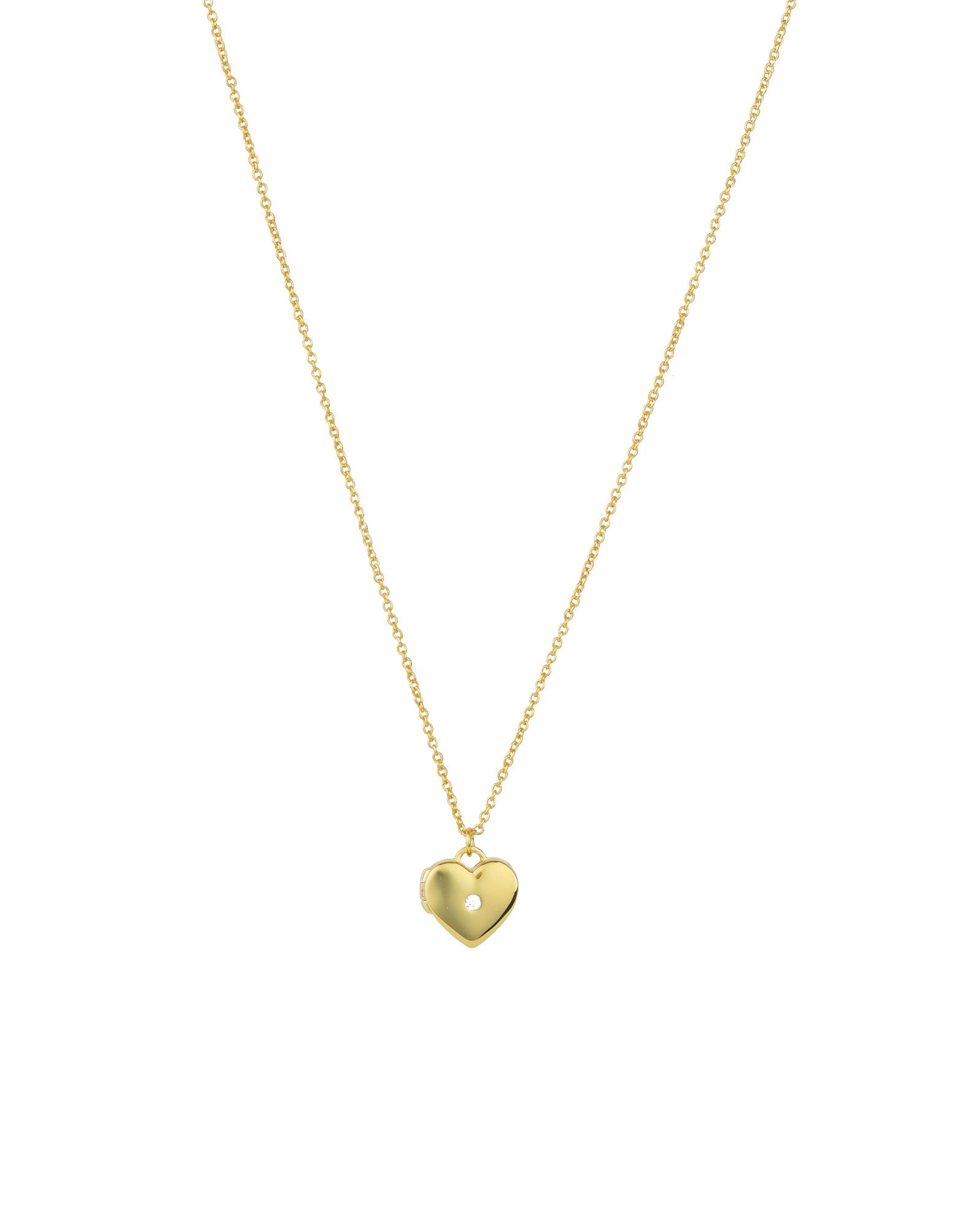 Flat Heart Single CZ Locket 14k Gold Vermeil, Cubic Zirconia