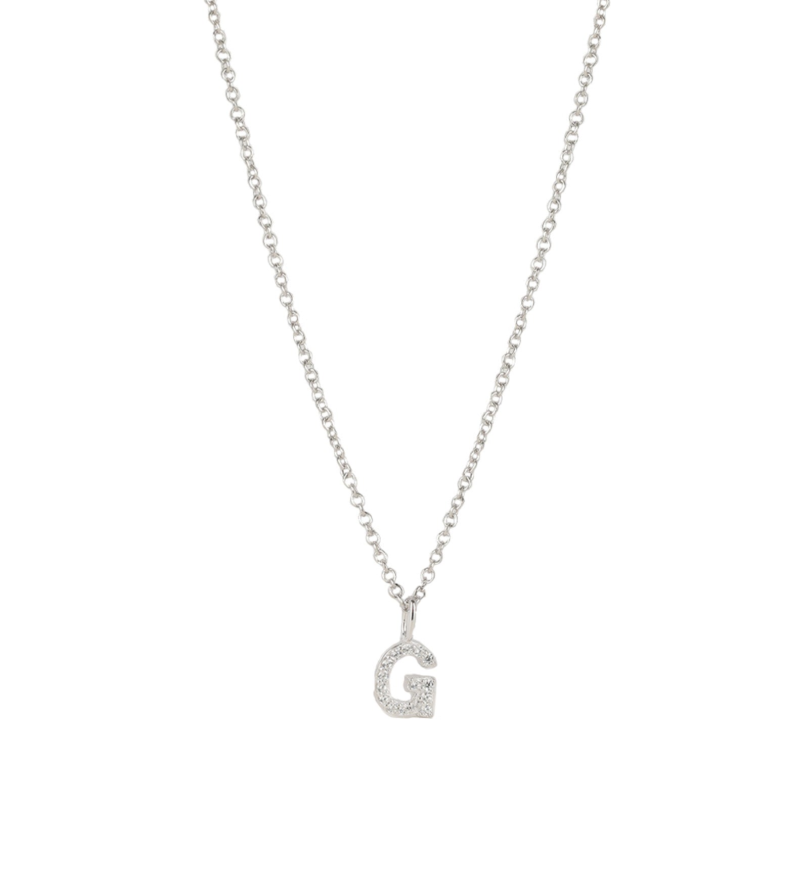 Quiet Icon-CZ Initial Necklace-Necklaces-Rhodium Plated Sterling Silver, Cubic Zirconia-G-Blue Ruby Jewellery-Vancouver Canada