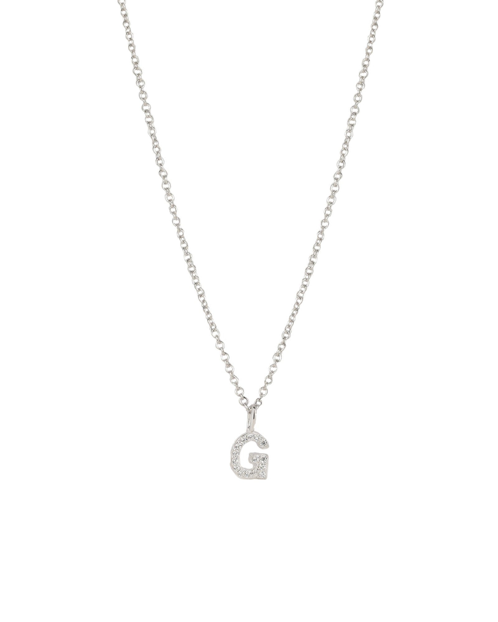 Quiet Icon-CZ Initial Necklace-Necklaces-Rhodium Plated Sterling Silver, Cubic Zirconia-G-Blue Ruby Jewellery-Vancouver Canada