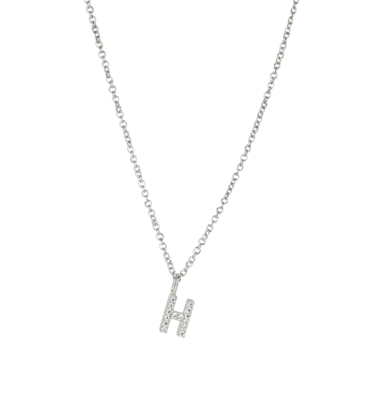 Quiet Icon-CZ Initial Necklace-Necklaces-Rhodium Plated Sterling Silver, Cubic Zirconia-H-Blue Ruby Jewellery-Vancouver Canada